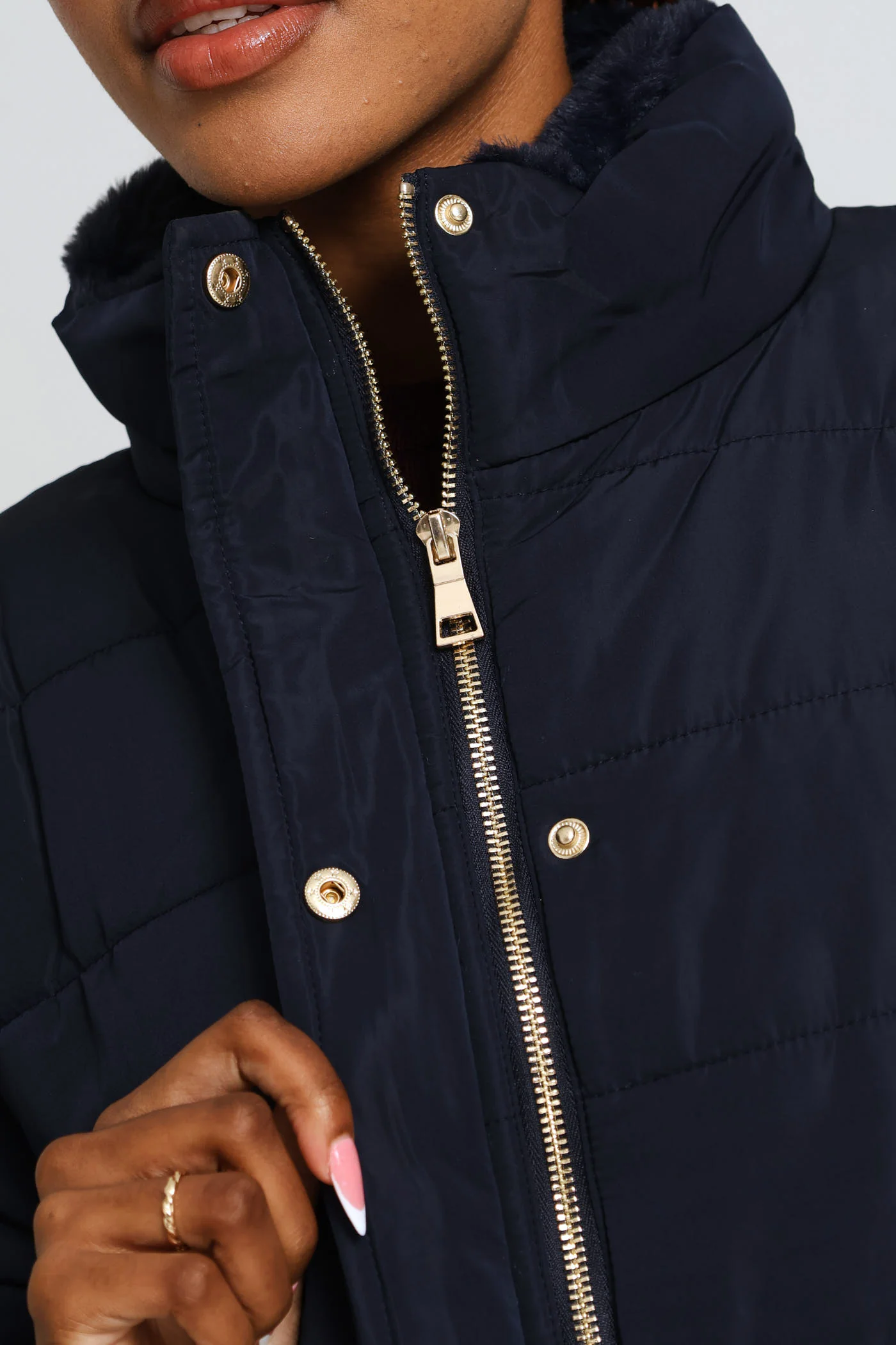 Waisted Quilted Parka Puffer Jacket - Dark Navy - Image 2