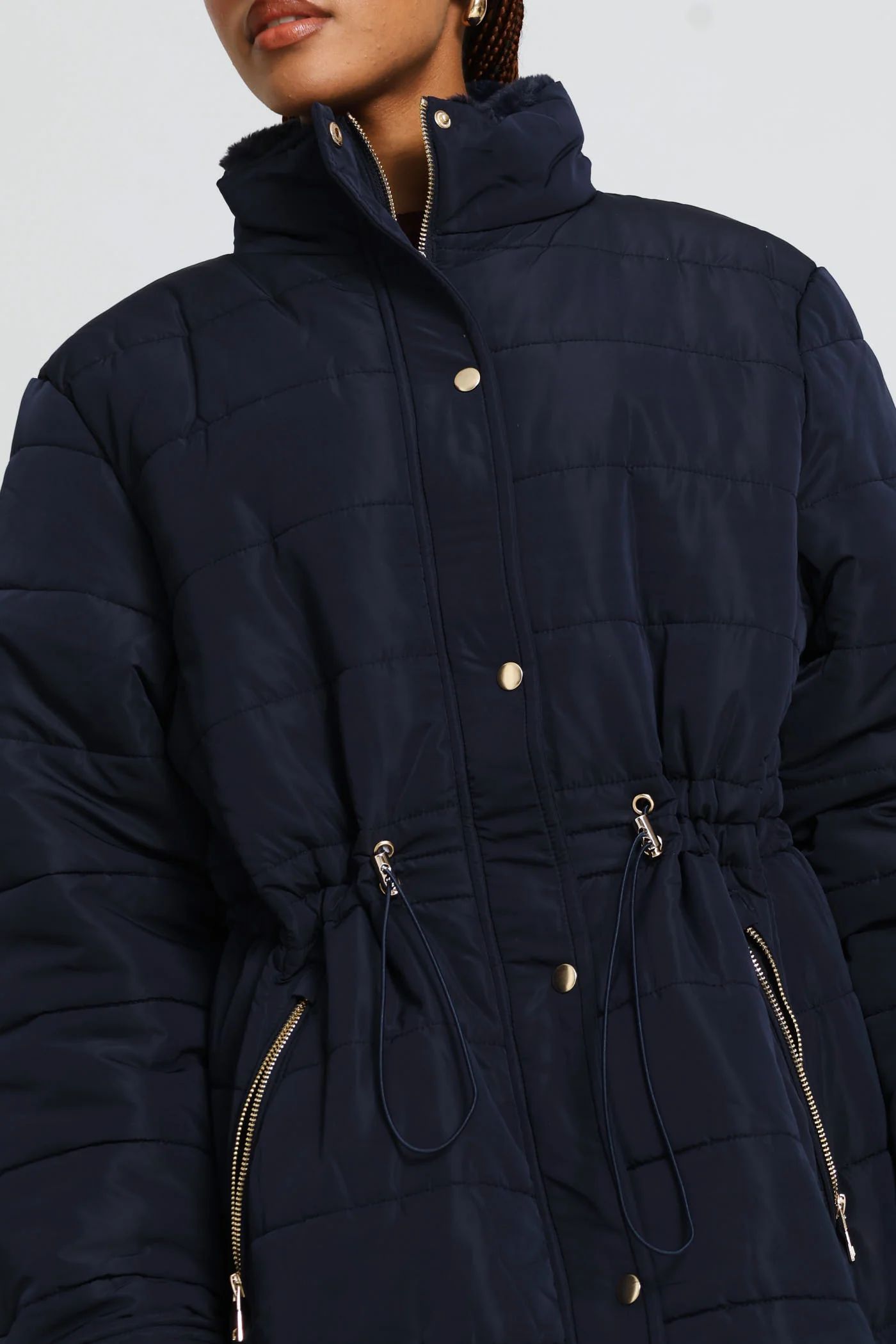 Waisted Quilted Parka Puffer Jacket - Dark Navy - Image 3