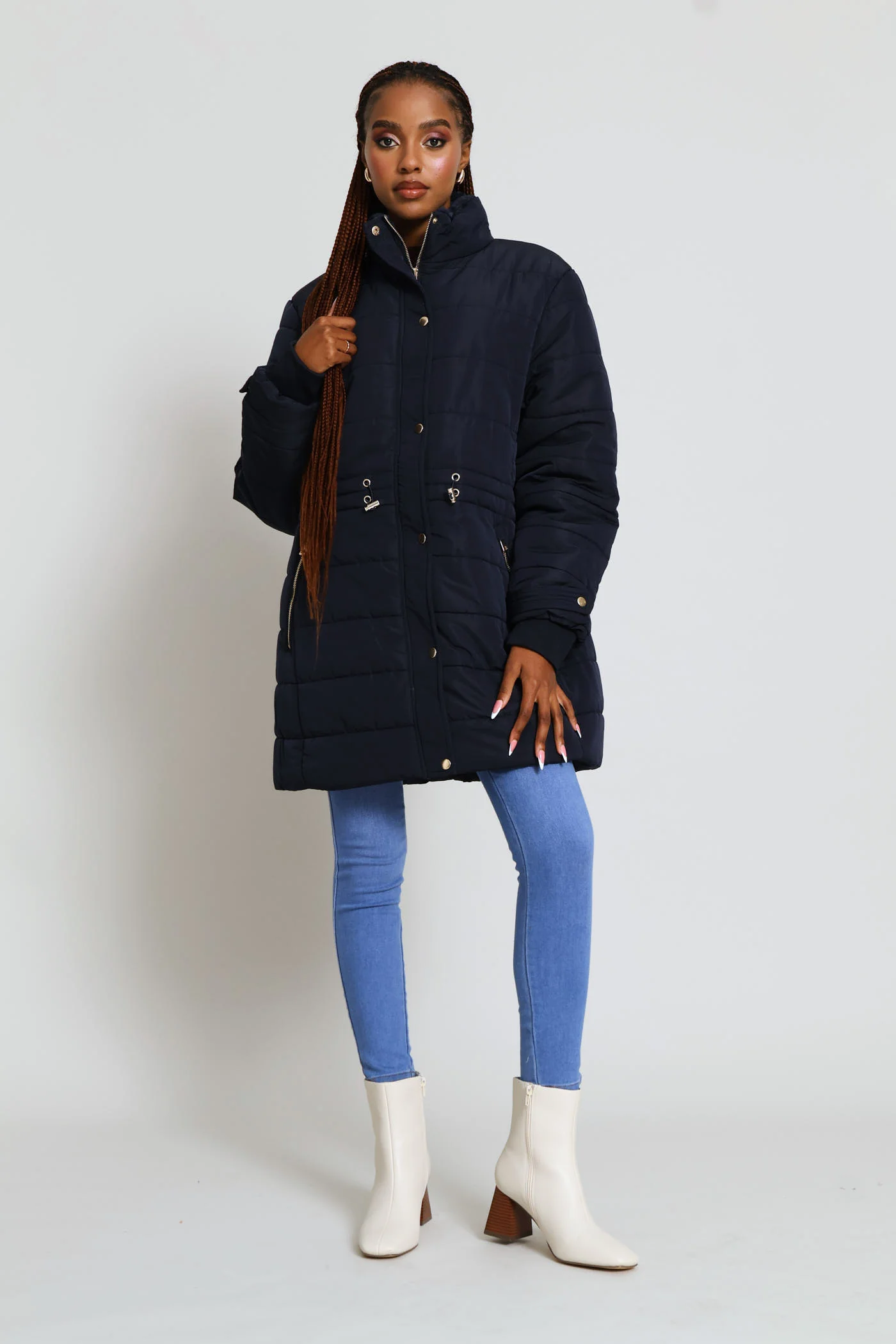 Waisted Quilted Parka Puffer Jacket - Dark Navy - Image 4