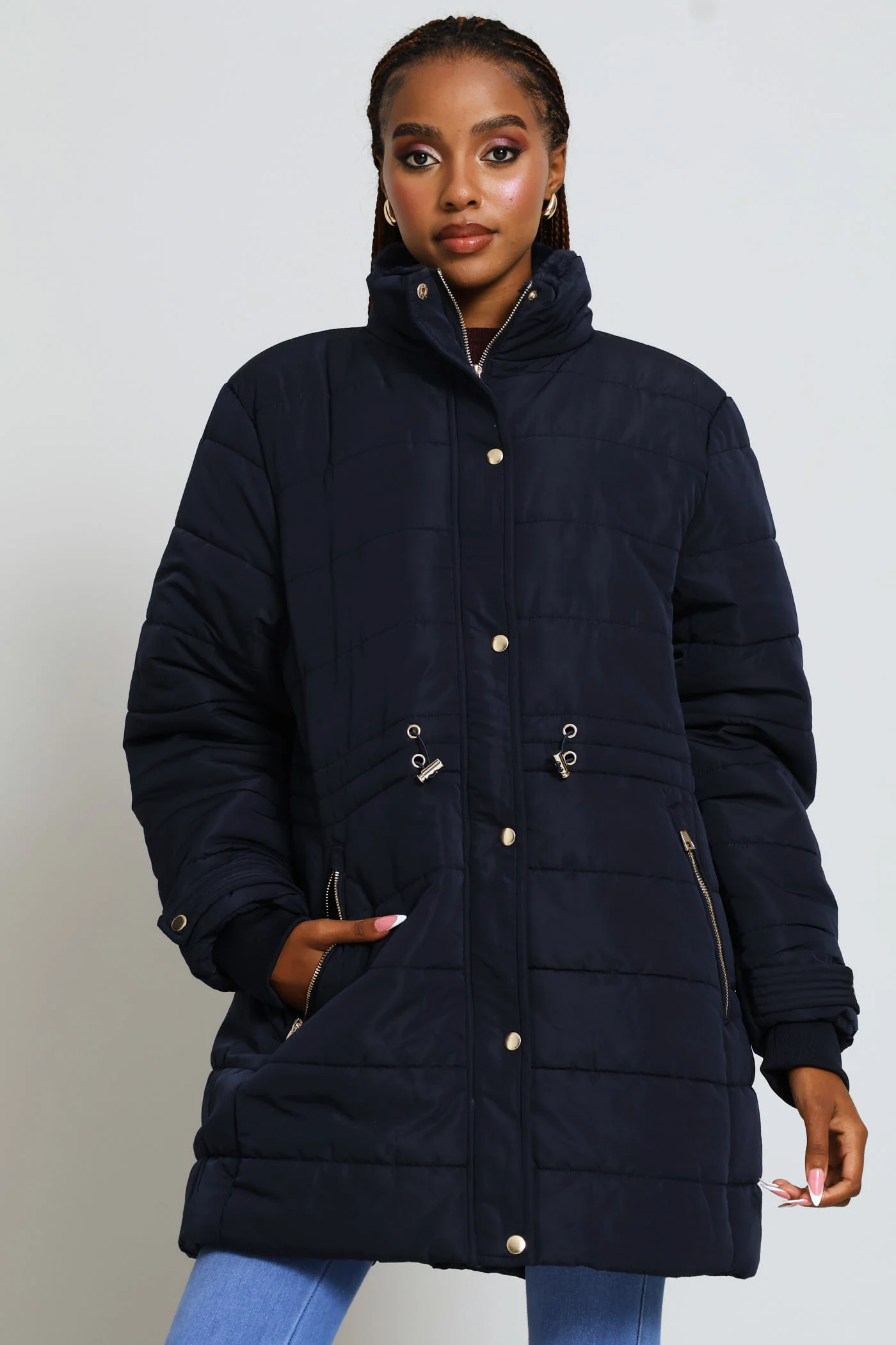 Waisted Quilted Parka Puffer Jacket - Dark Navy - Image 5
