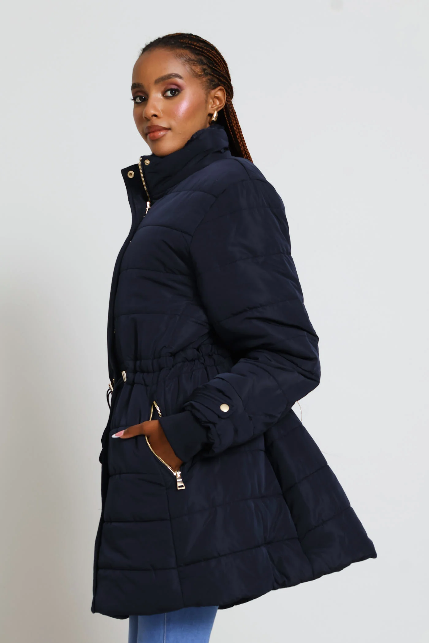 Waisted Quilted Parka Puffer Jacket - Dark Navy - Image 6