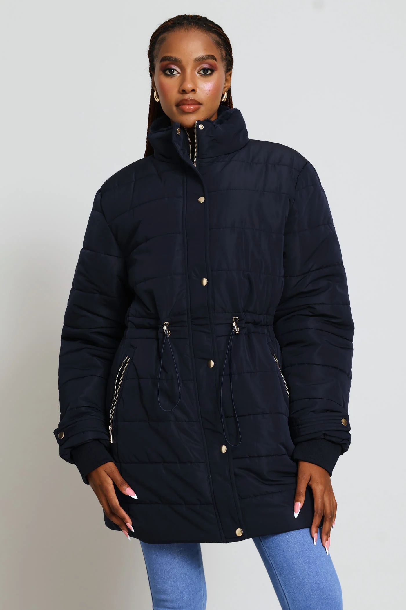 Waisted Quilted Parka Puffer Jacket - Dark Navy - Image 7