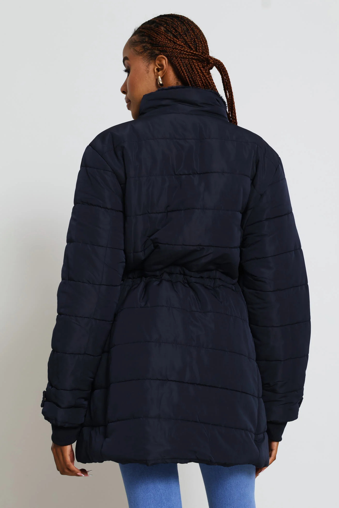 Waisted Quilted Parka Puffer Jacket - Dark Navy - Image 8