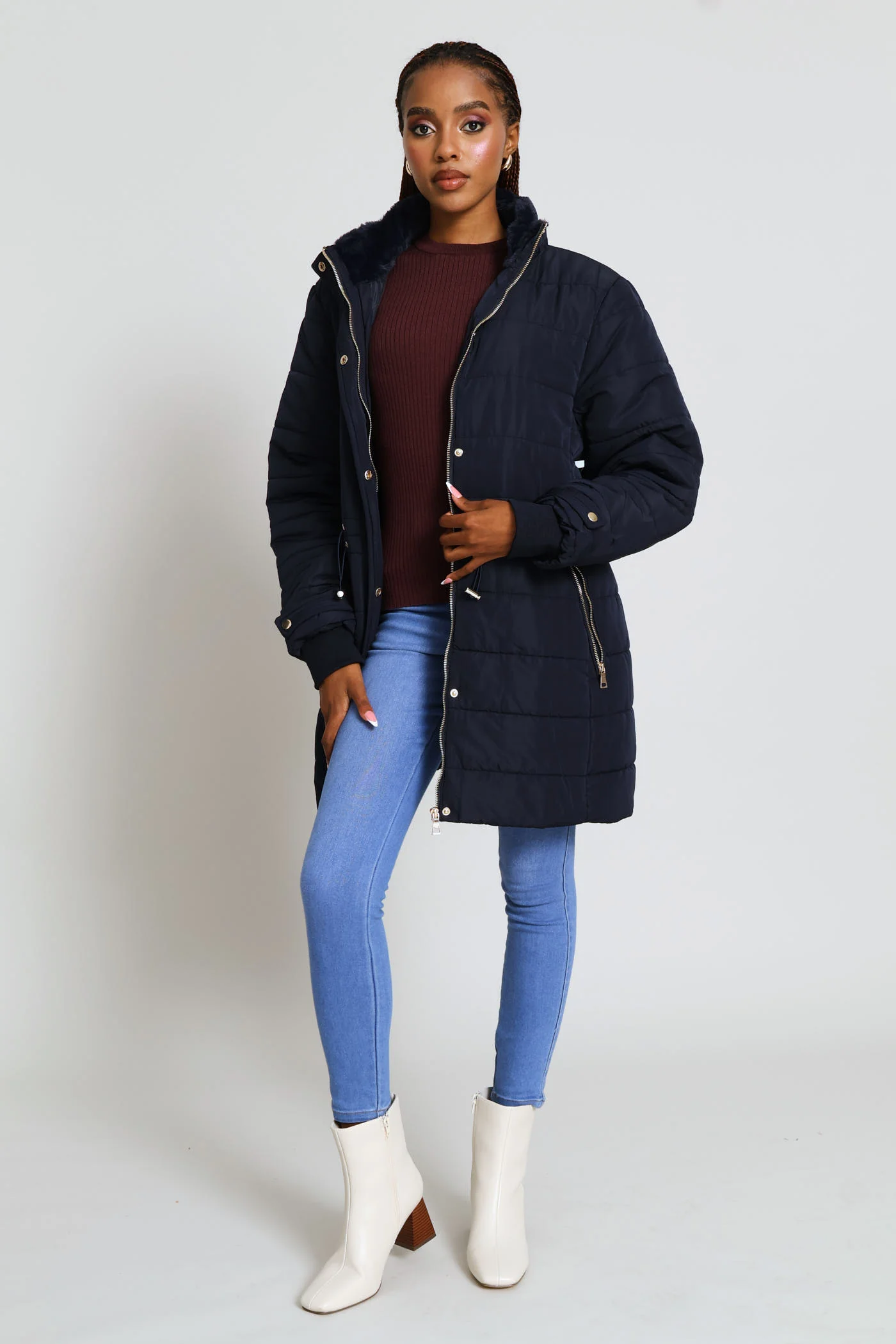 Waisted Quilted Parka Puffer Jacket - Dark Navy - Image 9