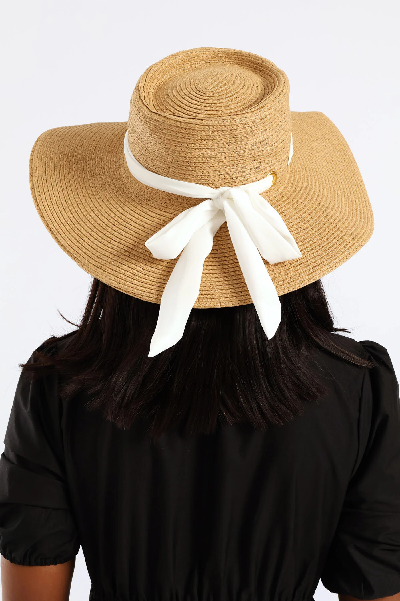 White Ribbon Tie Boater Hat - Beige - Image 2