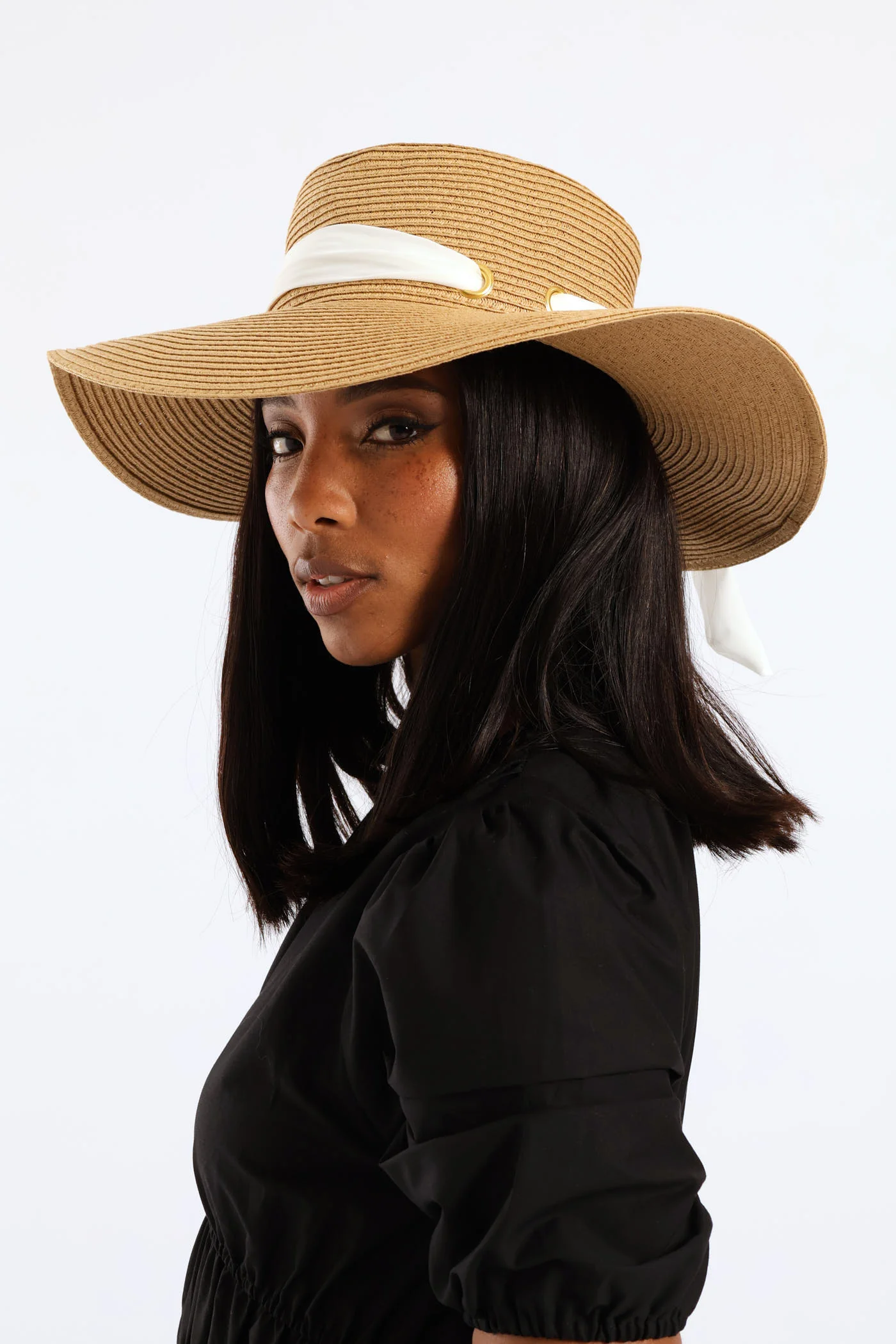 White Ribbon Tie Boater Hat - Beige - Image 5