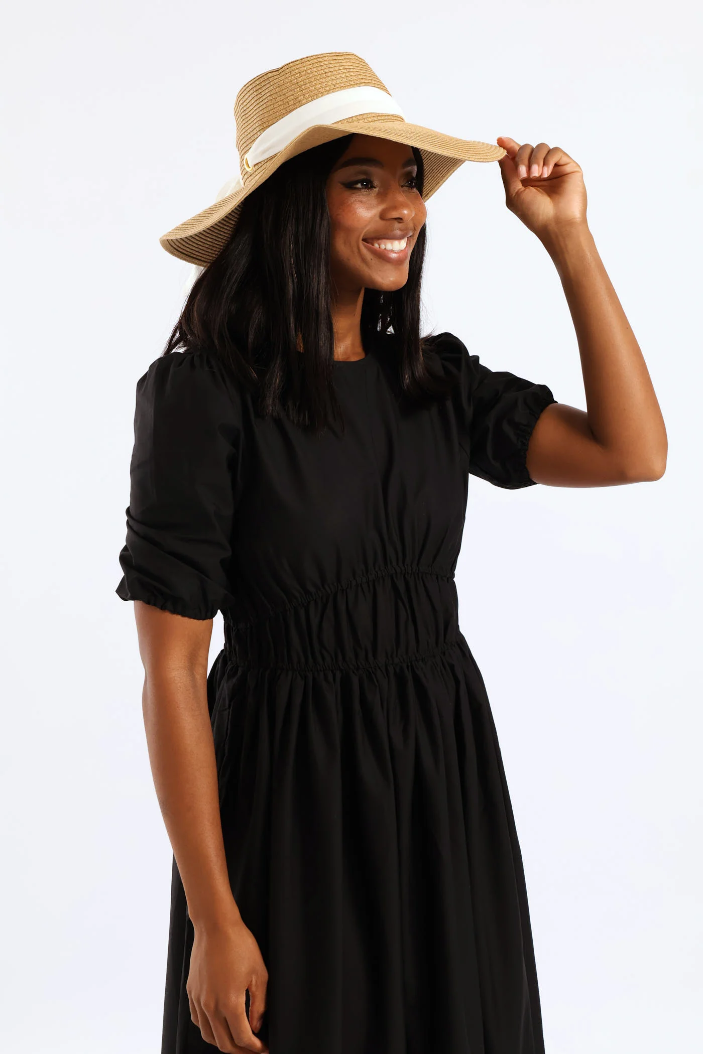 White Ribbon Tie Boater Hat - Beige - Image 6