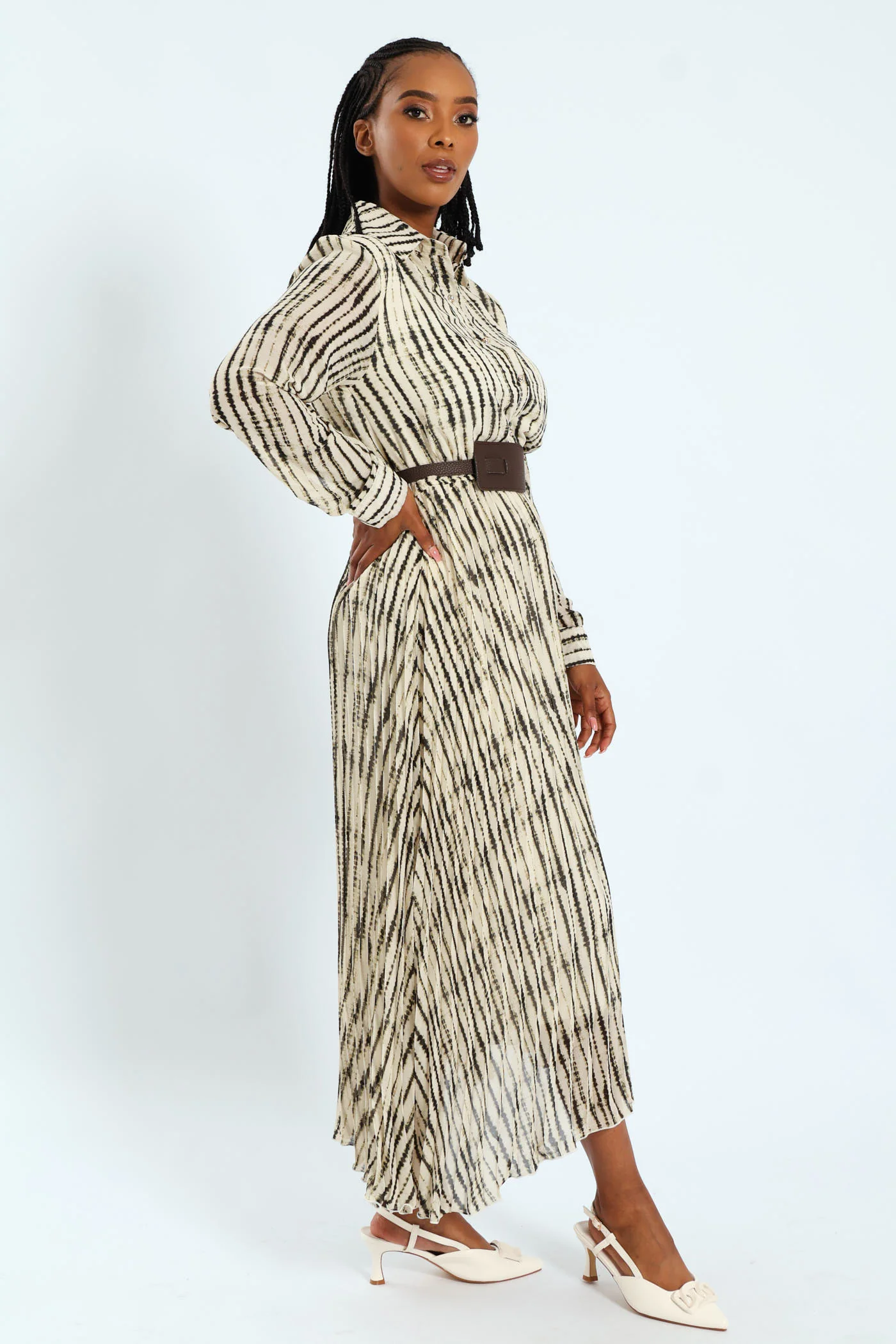 Wide Belted Pleated Shirt Maxi Dress - Image 3