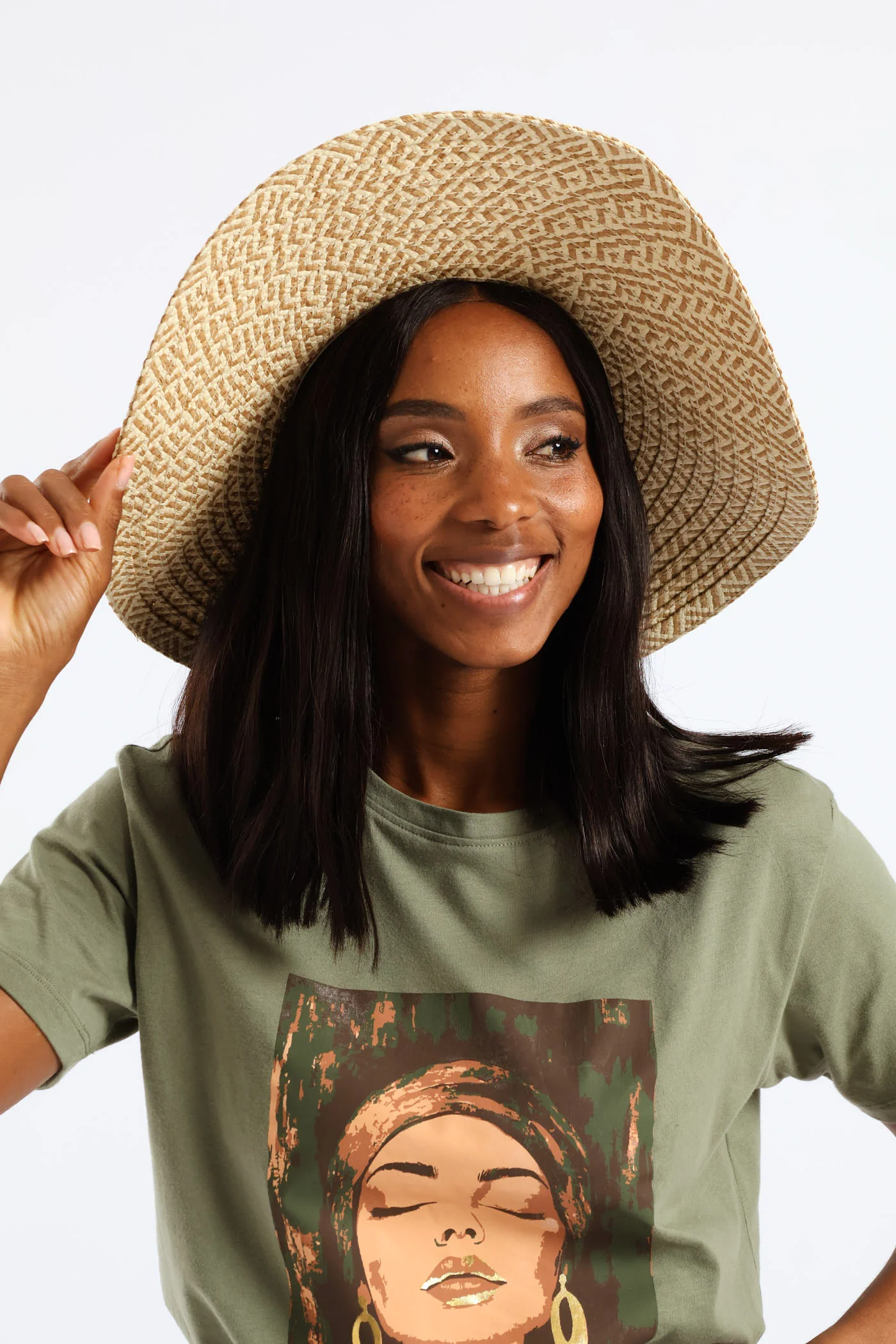 Wide Brim Dual Tone Straw Hat - Multi - Image 5