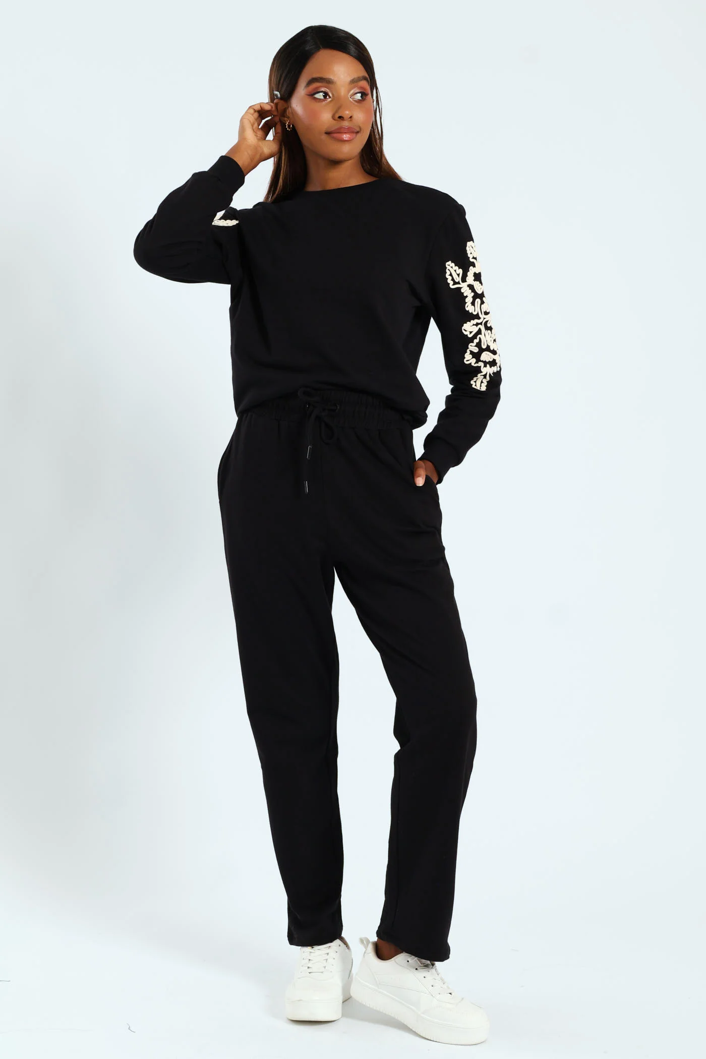 Wide Leg Cotton Fleece Jogger - Black - Image 2