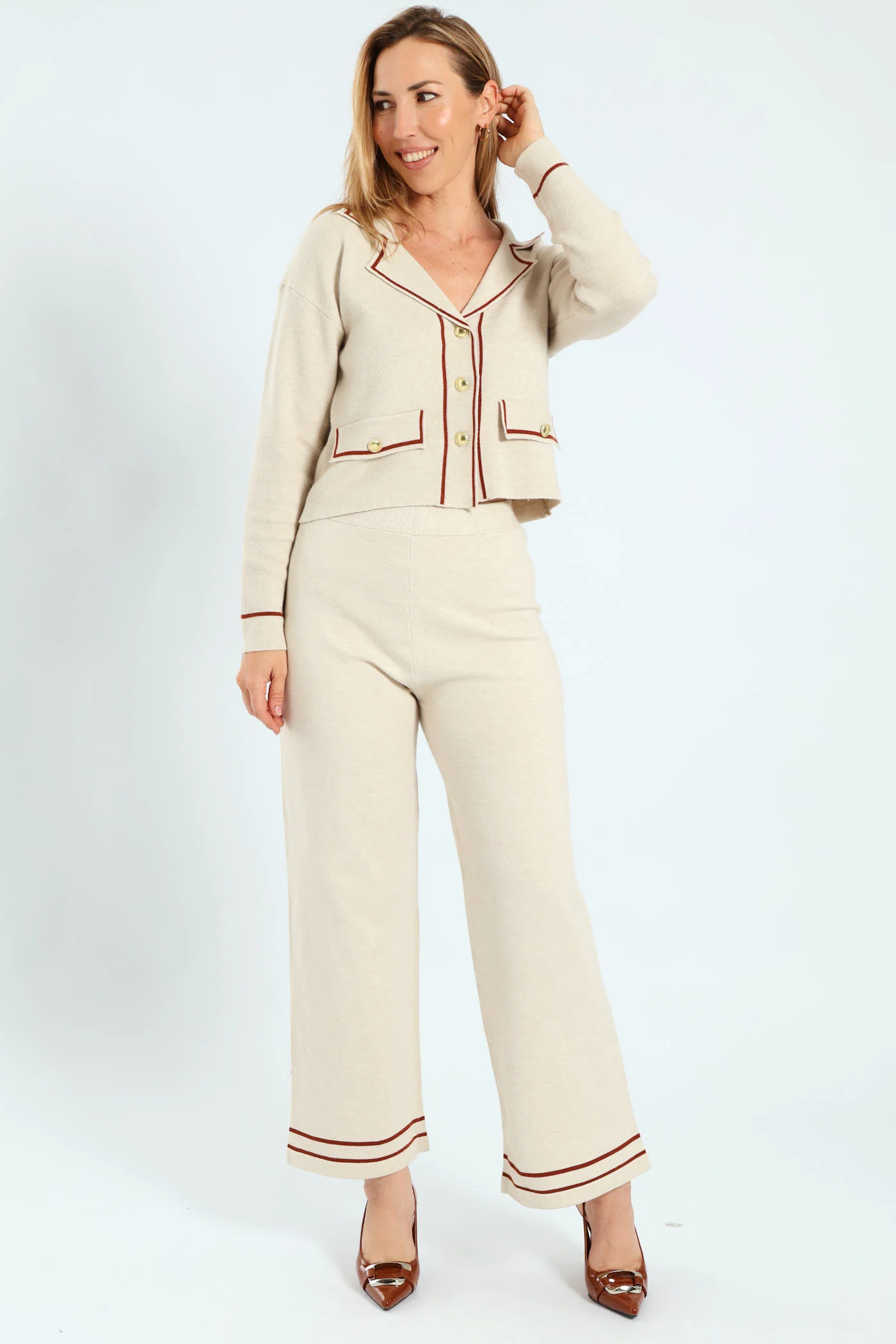 Wide Leg Knitwear Pants - Cream - Image 6