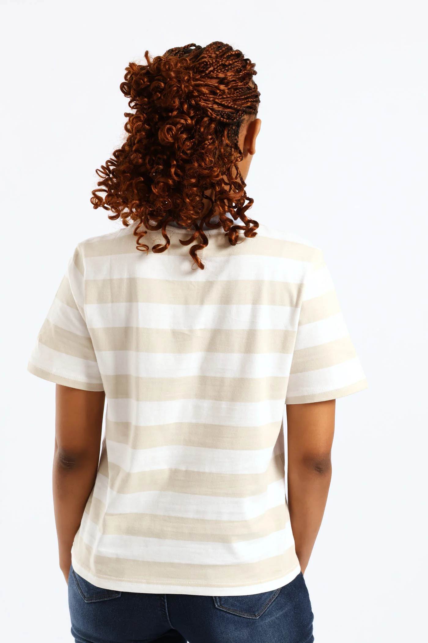 Wide Stripe Contrast Rib Neck Boxy Tee - Stone/White - Image 2