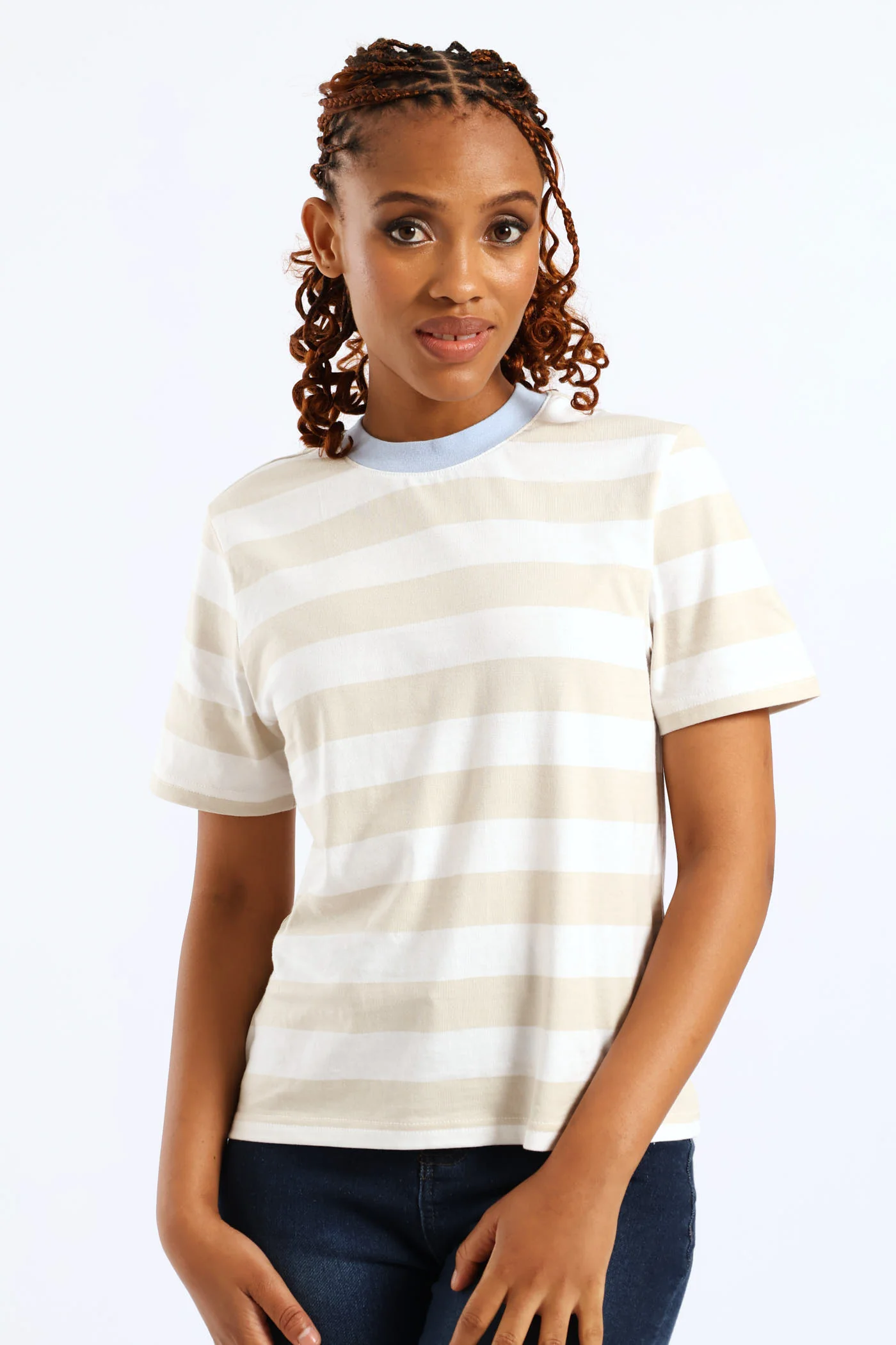 Wide Stripe Contrast Rib Neck Boxy Tee - Stone/White - Image 3