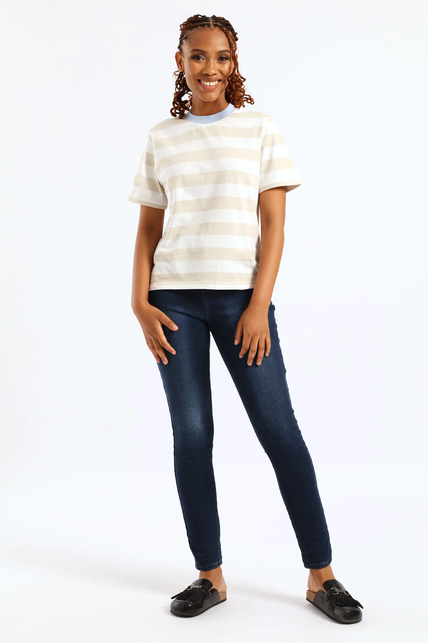 Wide Stripe Contrast Rib Neck Boxy Tee - Stone/White - Image 5