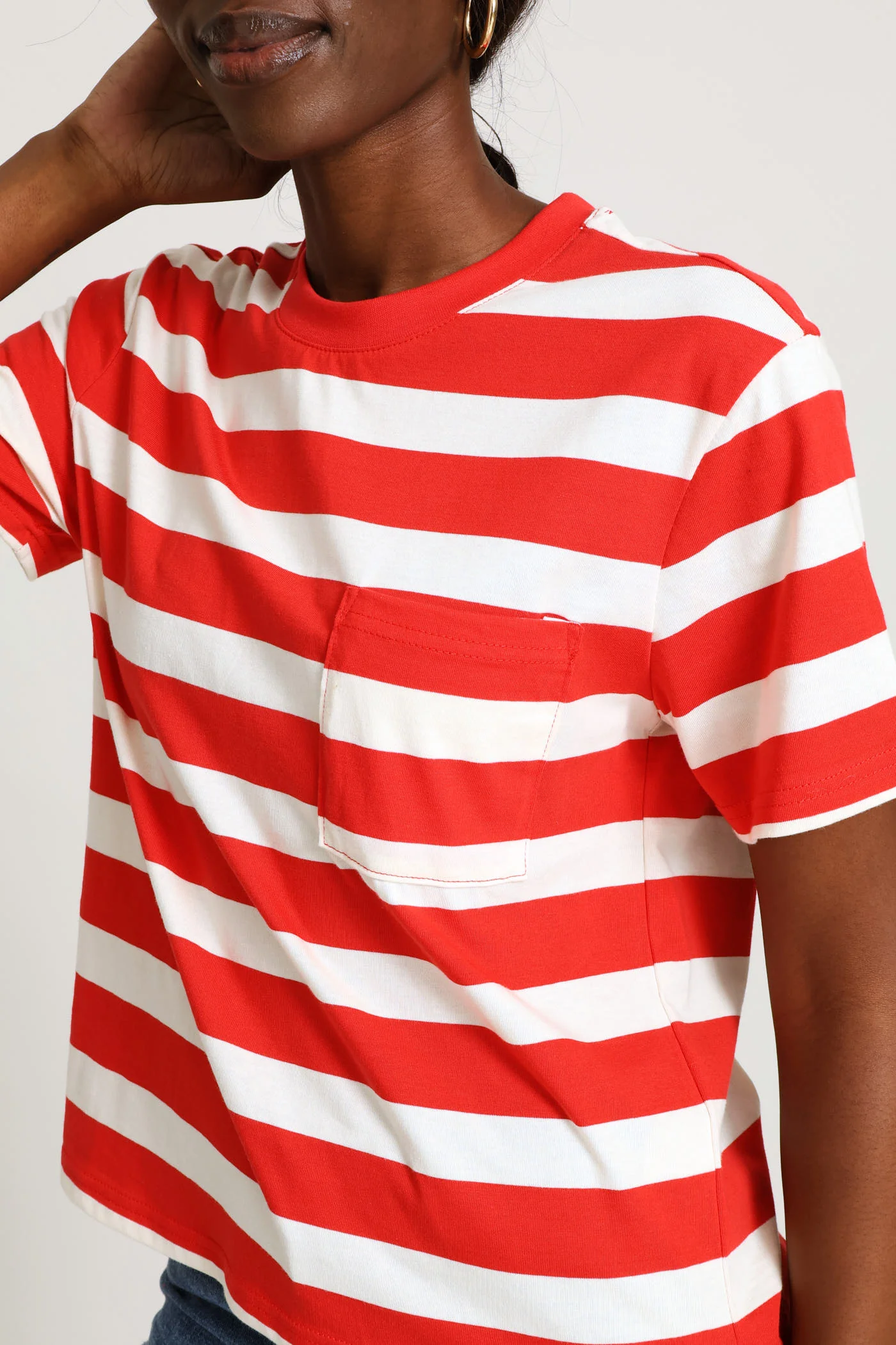 Wide Stripe Rib Neck Cotton Boxy Tee - Stone/Red - Image 2