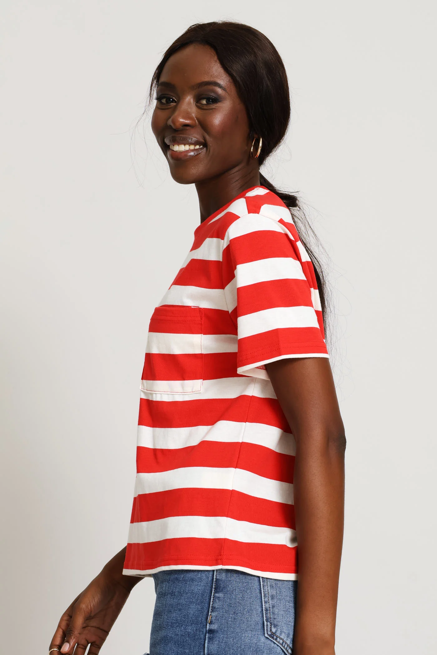 Wide Stripe Rib Neck Cotton Boxy Tee - Stone/Red - Image 3