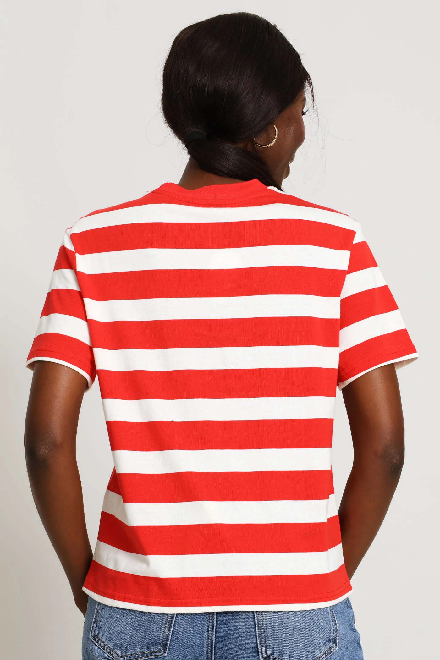 Wide Stripe Rib Neck Cotton Boxy Tee - Stone/Red - Image 4