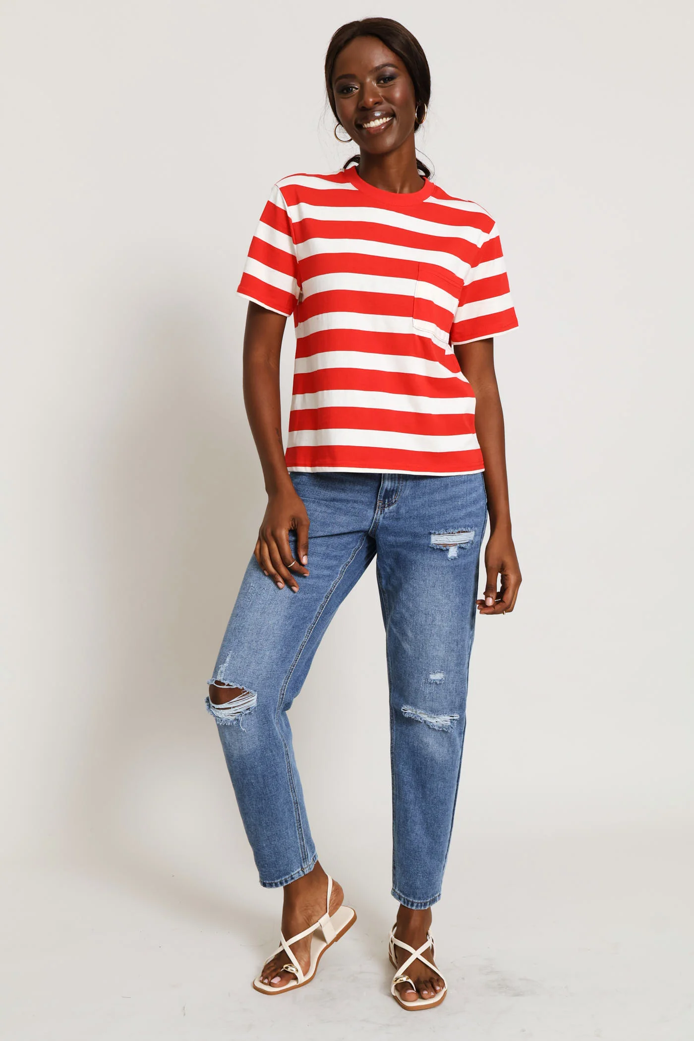 Wide Stripe Rib Neck Cotton Boxy Tee - Stone/Red - Image 5