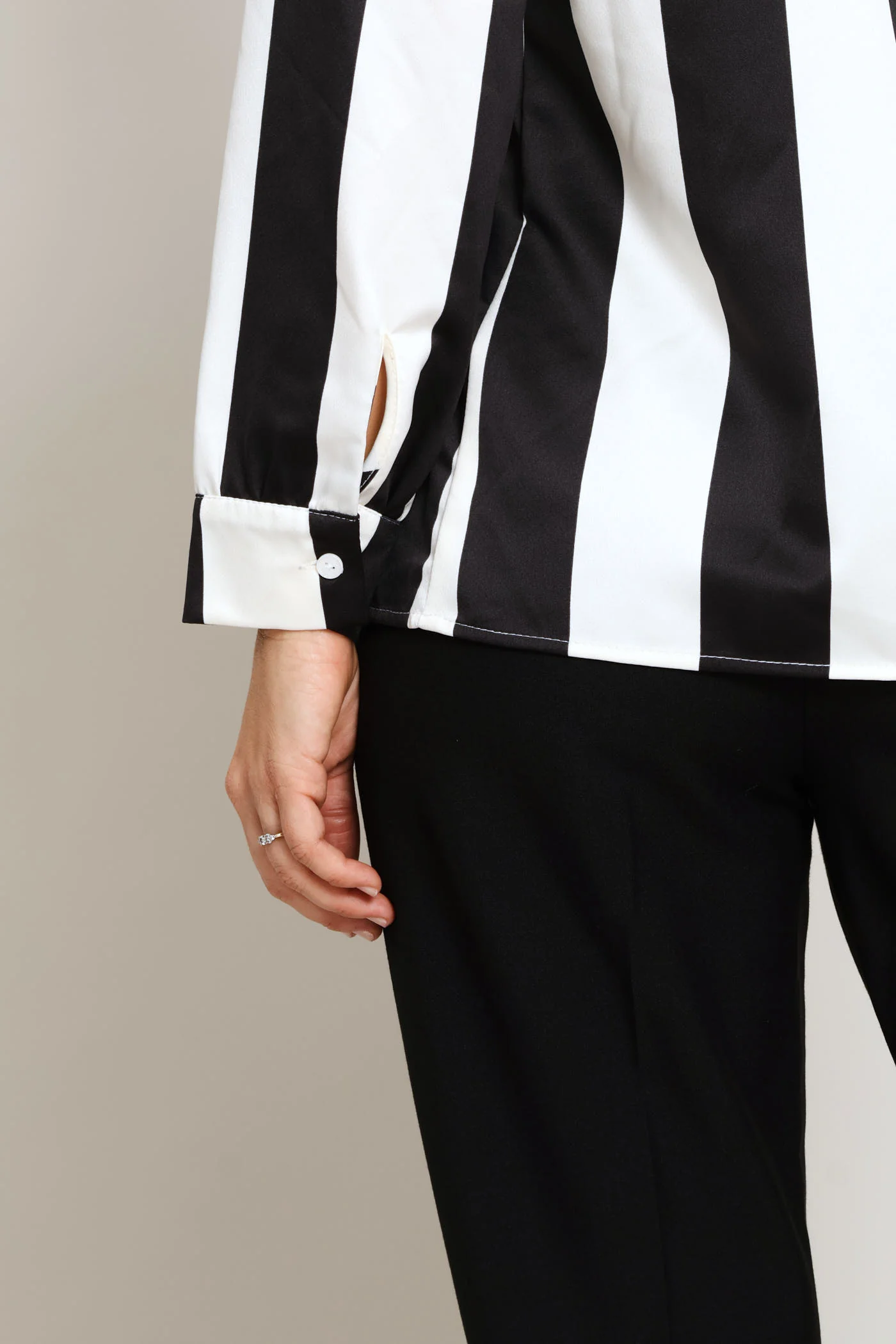 Wide Stripe Satin Shirt - Black/Cream - Image 2