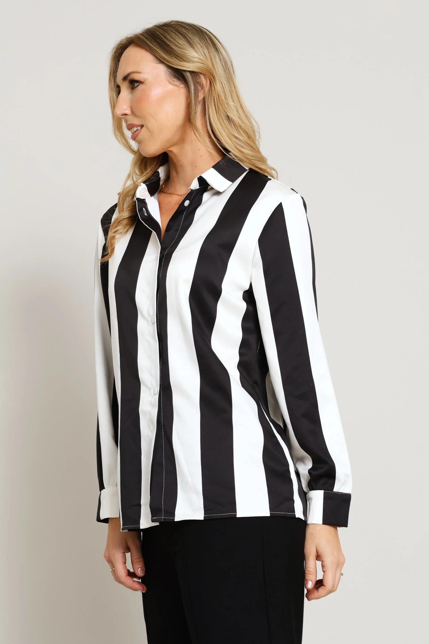 Wide Stripe Satin Shirt - Black/Cream - Image 3