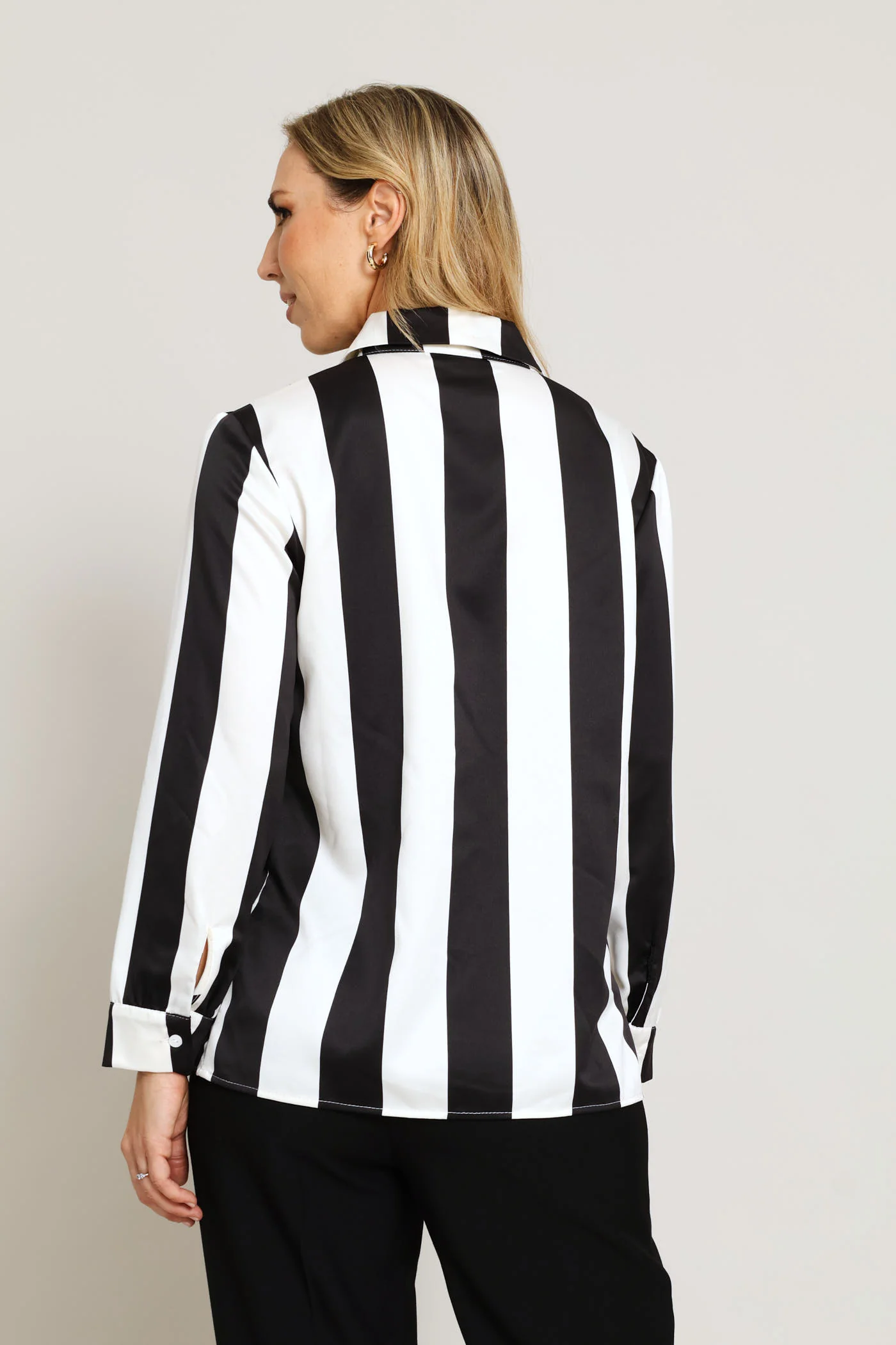 Wide Stripe Satin Shirt - Black/Cream - Image 4