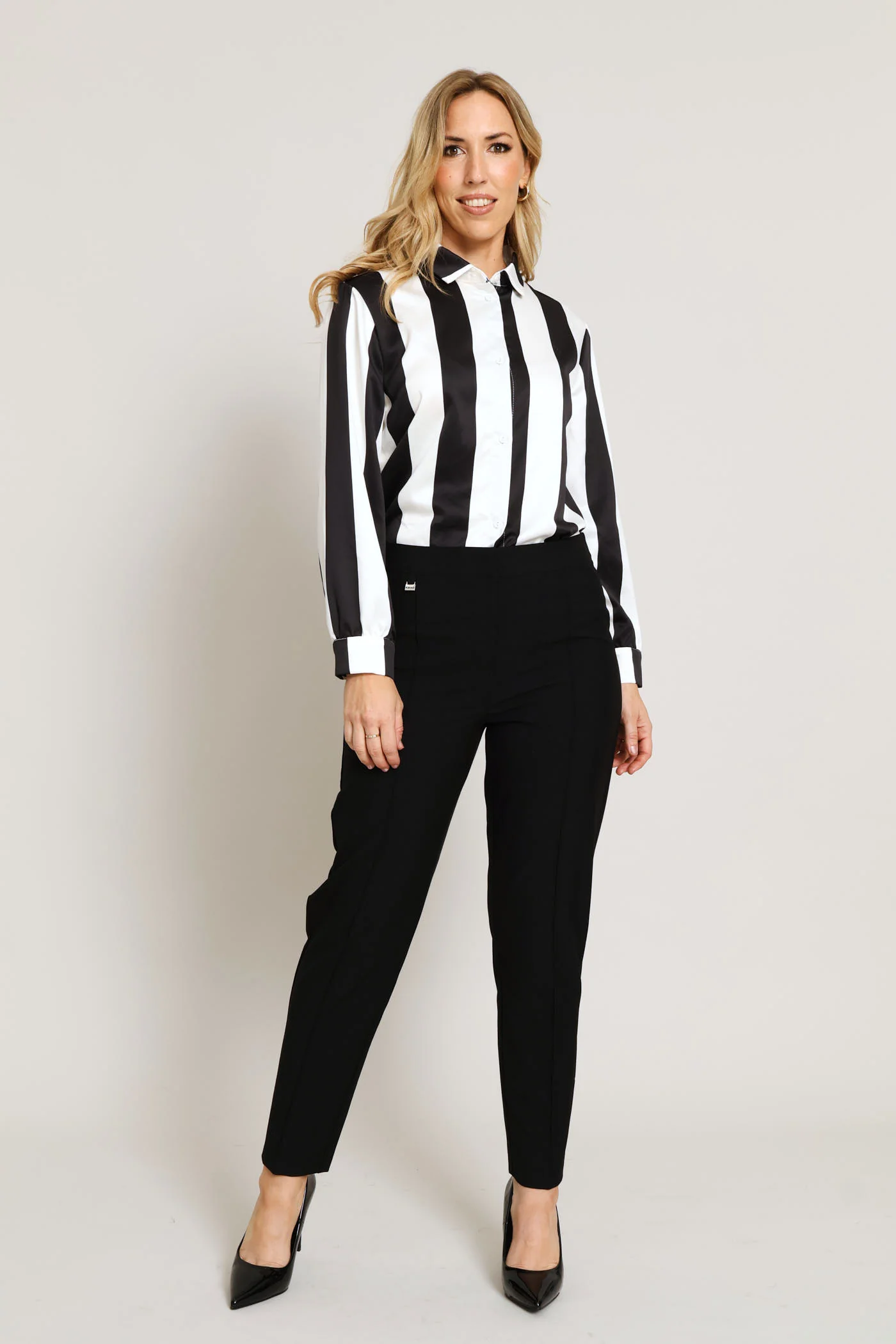 Wide Stripe Satin Shirt - Black/Cream - Image 5