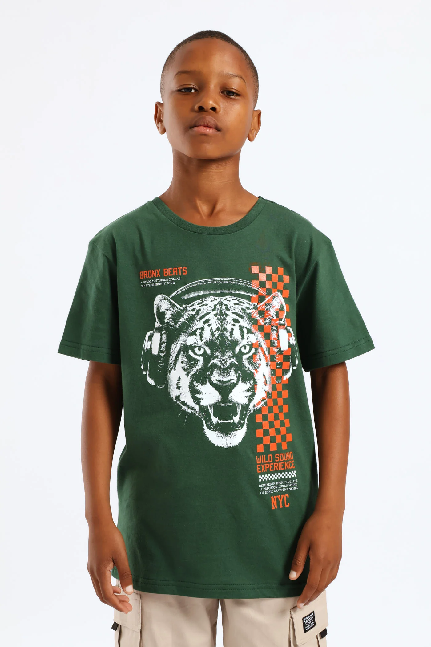 Wild Cat Headphone Headphone Print T-Shirt - Green - Image 2