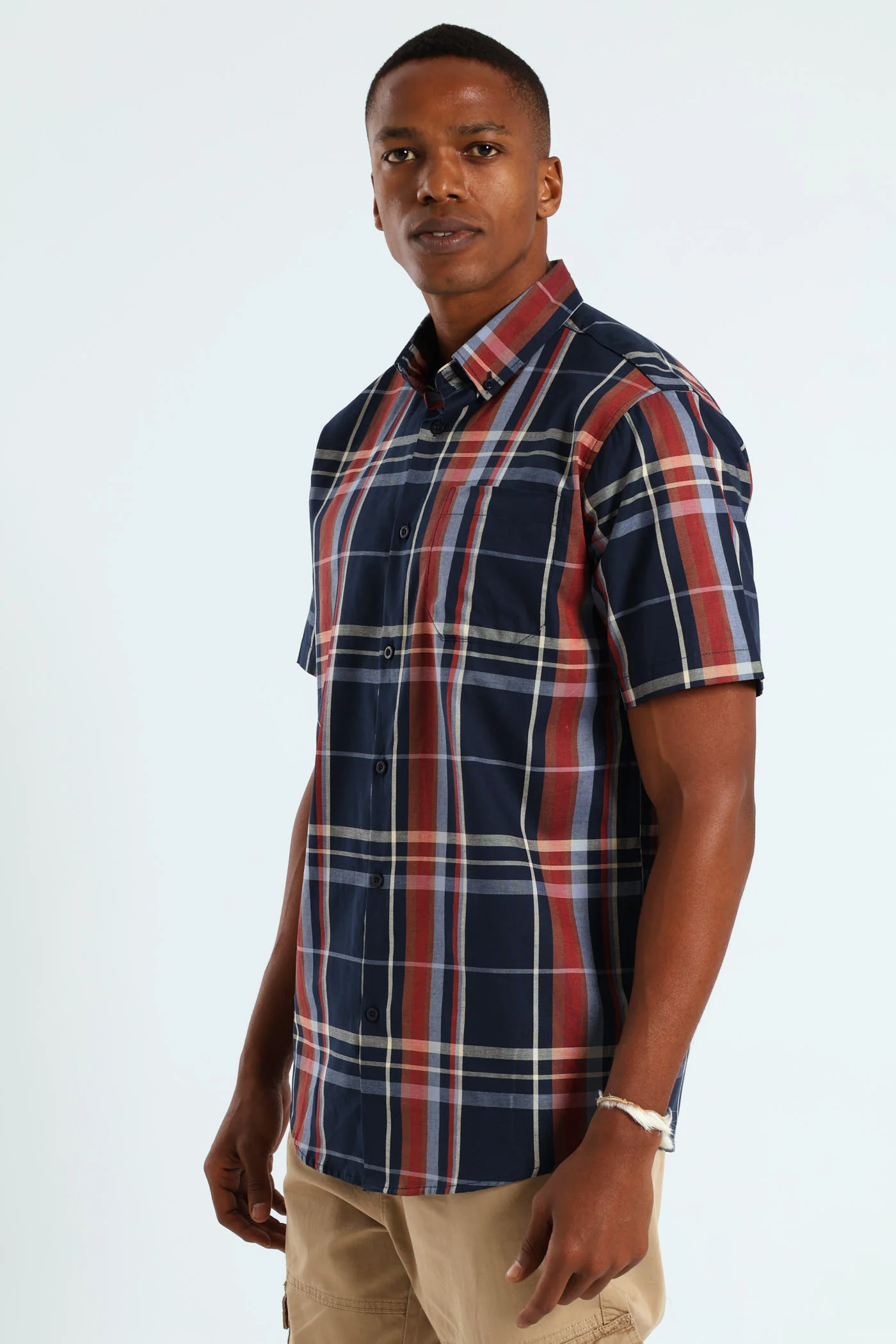 Windowpane Check Shirt - Navy/Steel Blue/Dark Red - Image 3