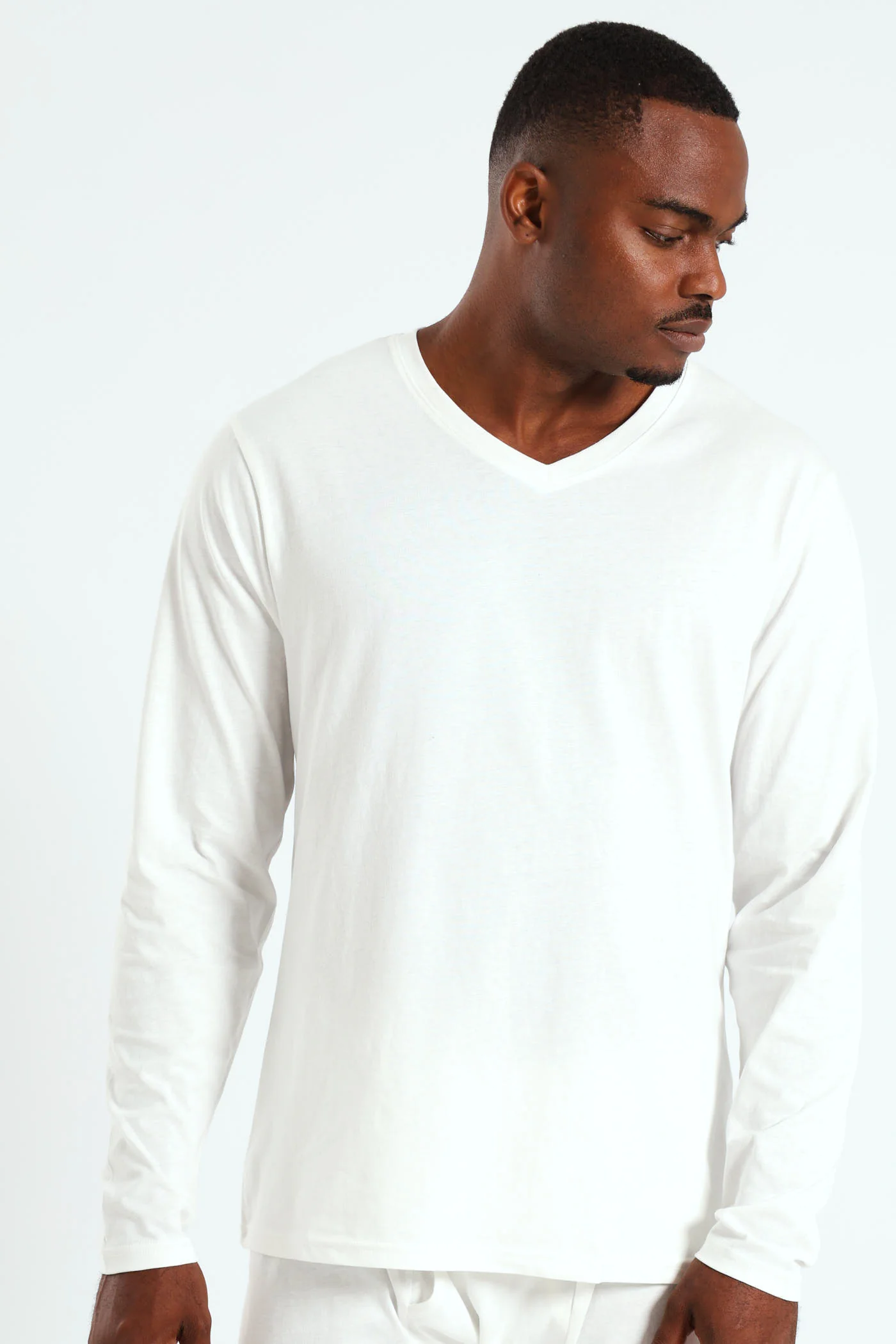 Winter Long Sleeve Cotton Thermal V-Neck Tee - White - Image 2