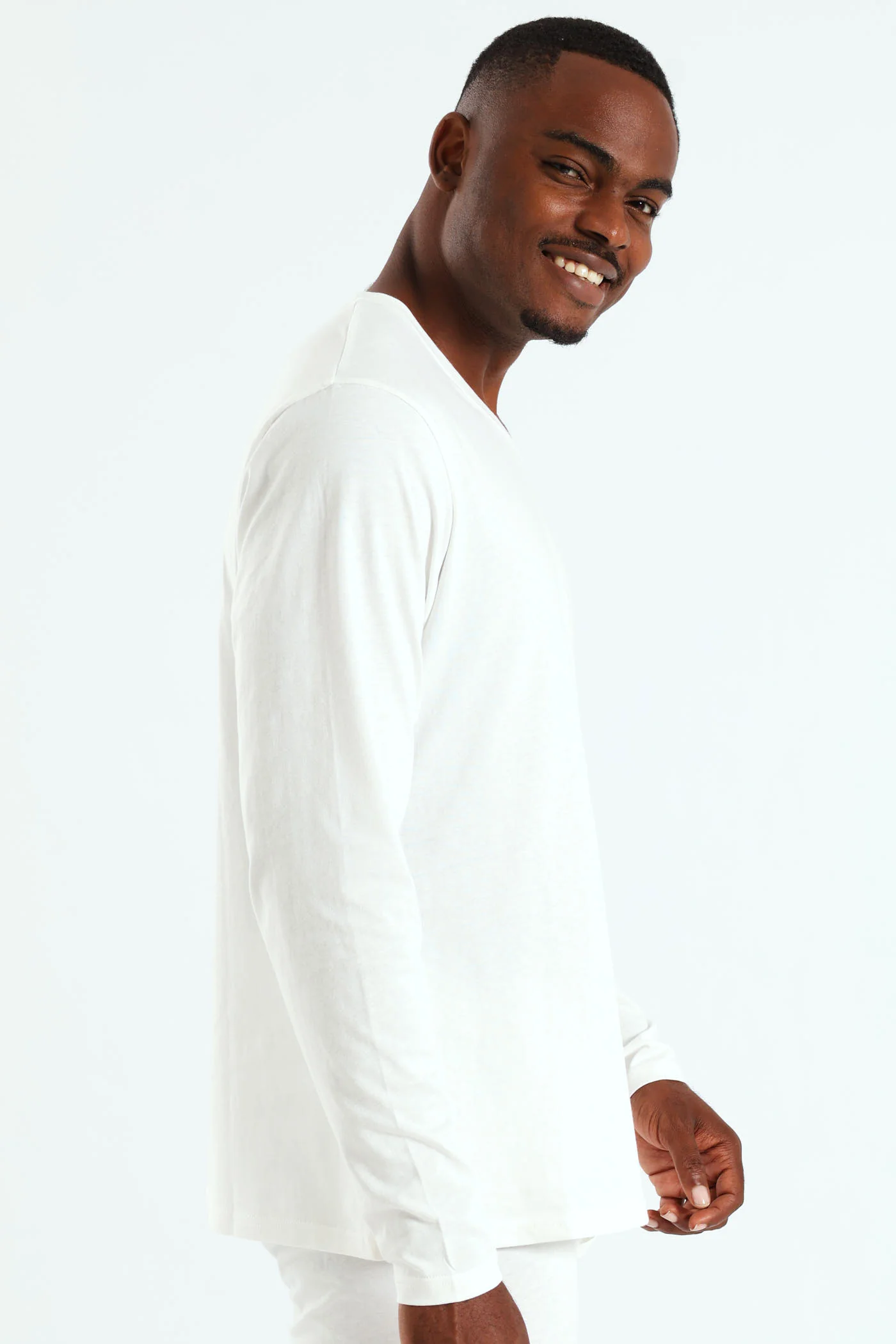 Winter Long Sleeve Cotton Thermal V-Neck Tee - White - Image 3