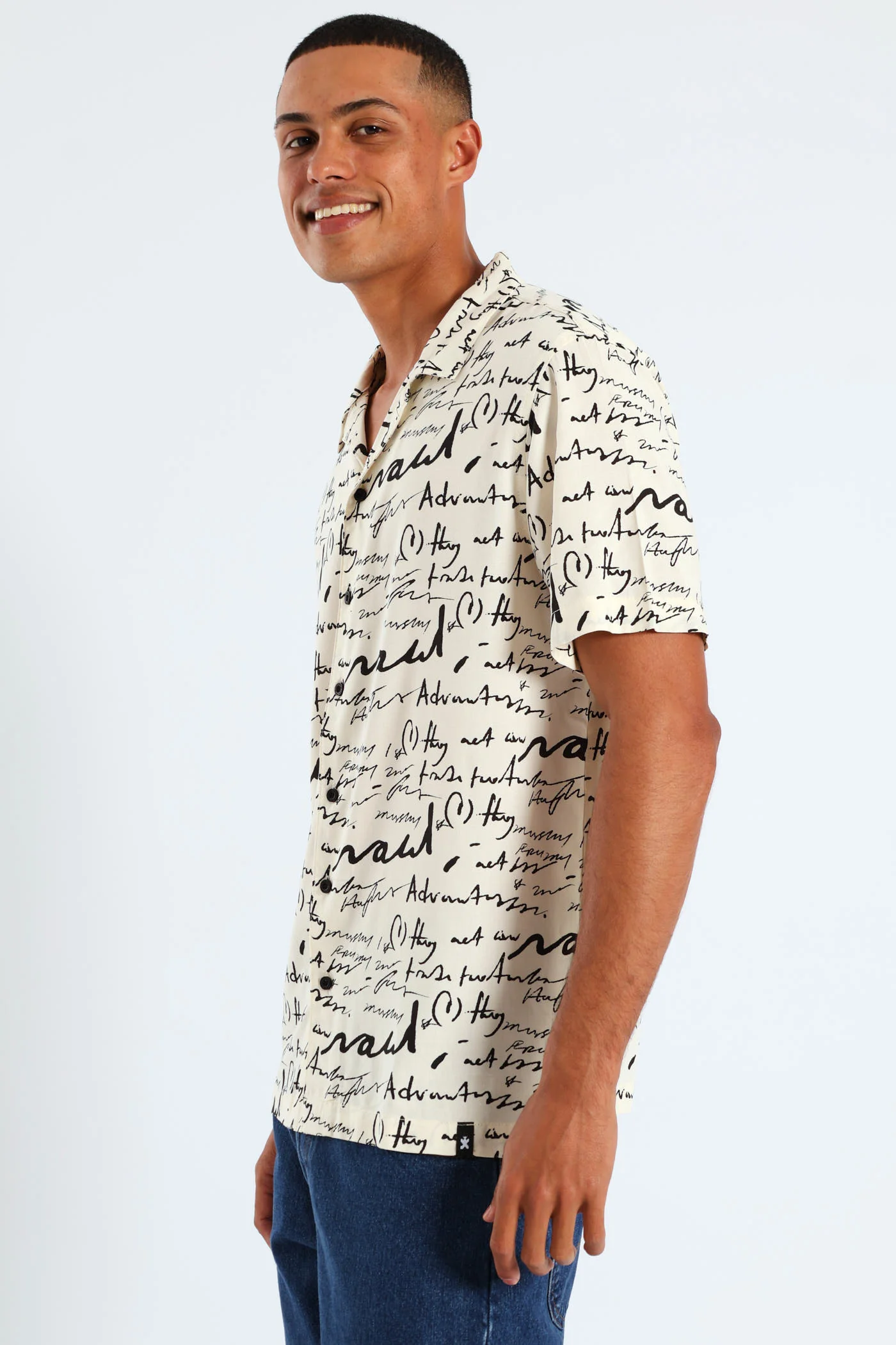 Word Print Viscose Shirt - Stone - Image 3