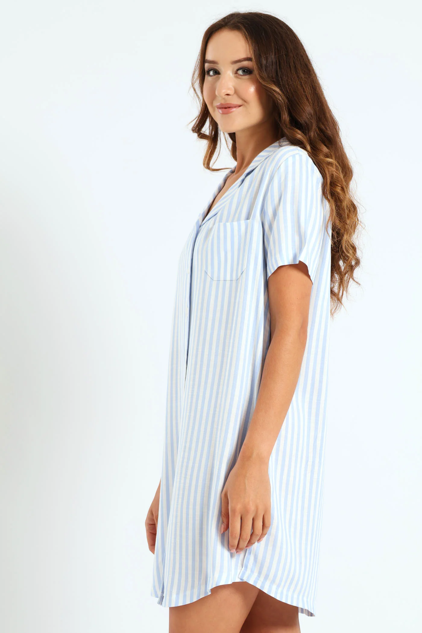 Woven Button Through Linen-Look Stripe Sleep Shirt - White/Blue - Image 3