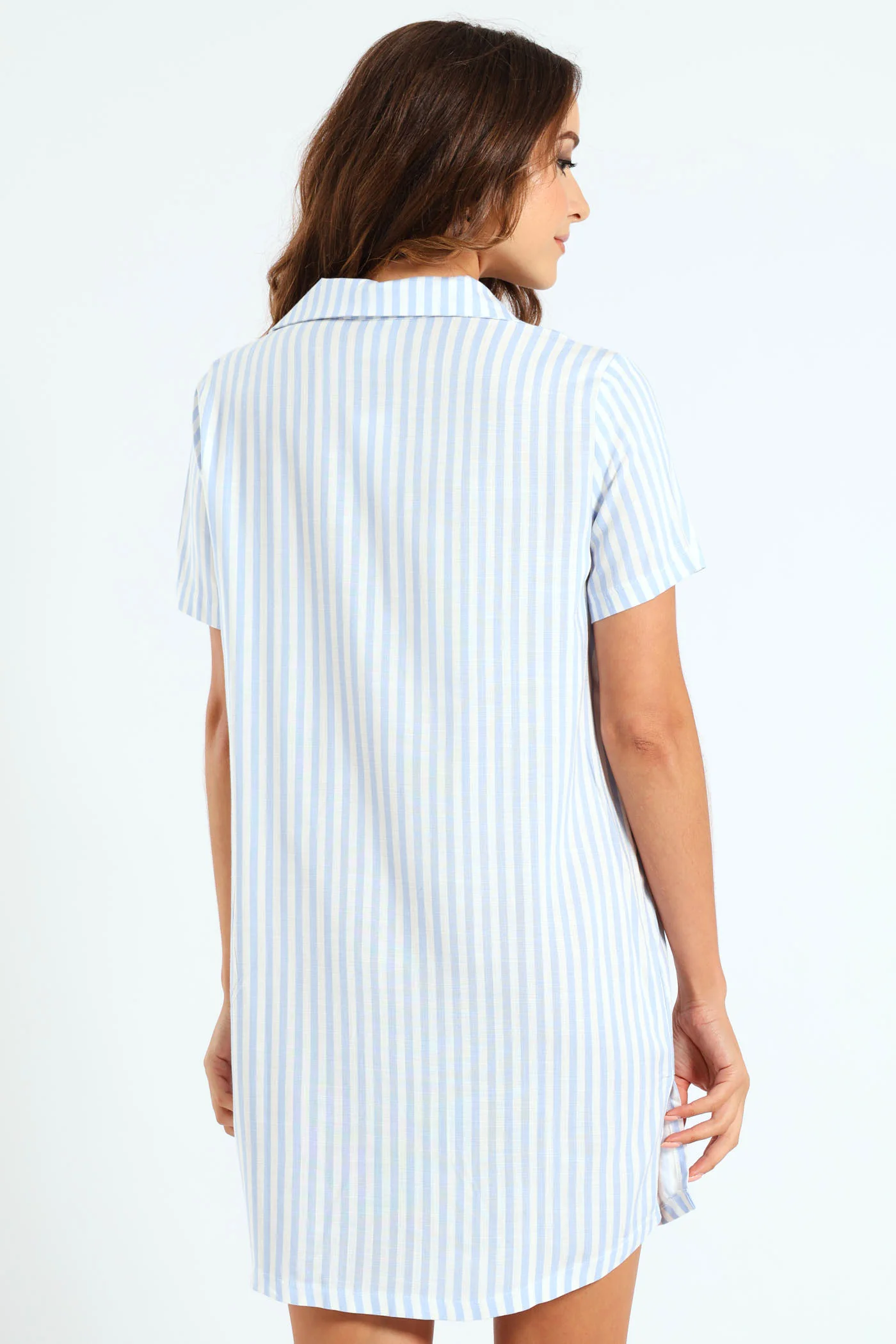 Woven Button Through Linen-Look Stripe Sleep Shirt - White/Blue - Image 4