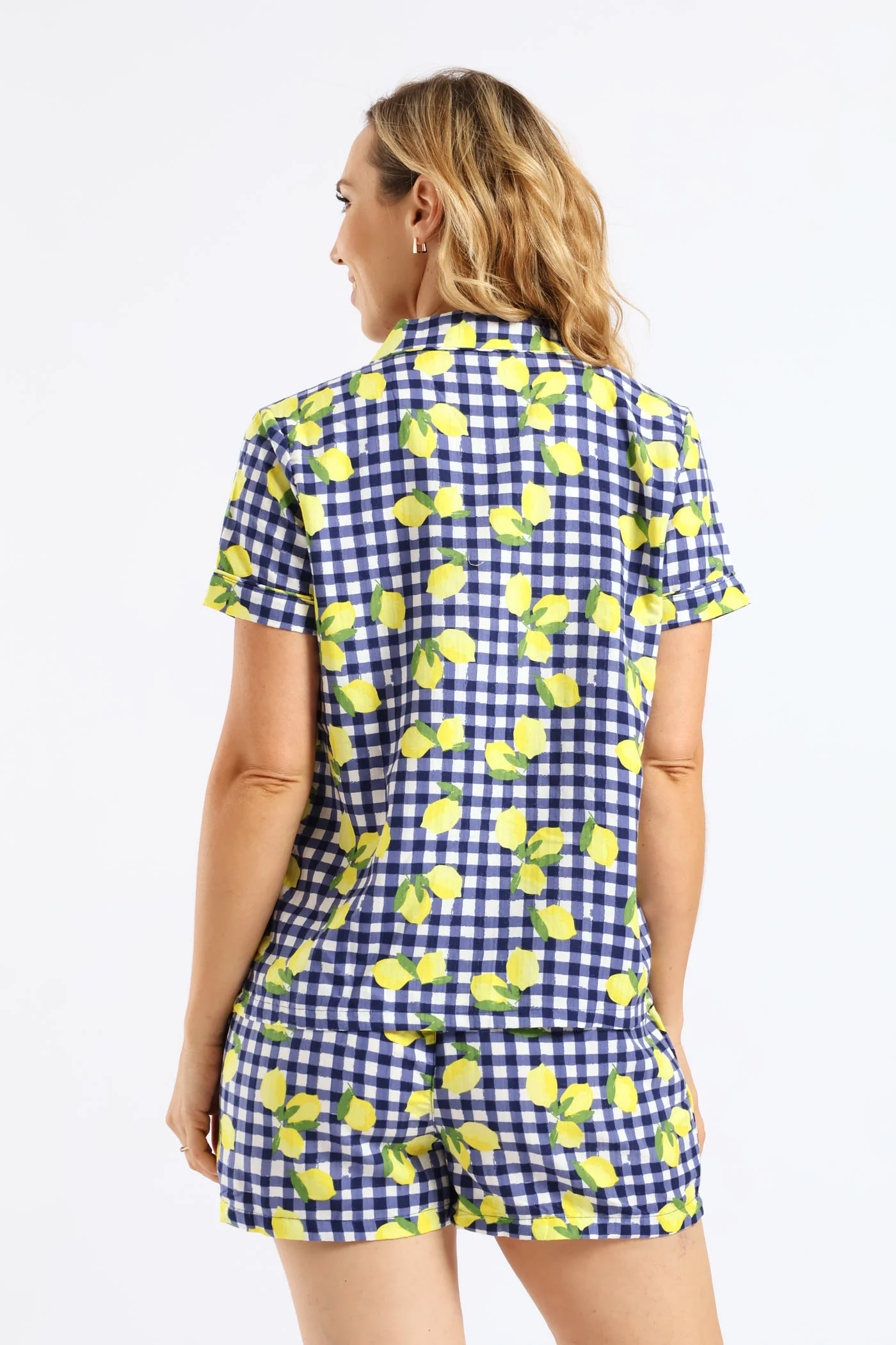 Woven Lemon Gingham Button Through Short Set - White/Navy - Image 2