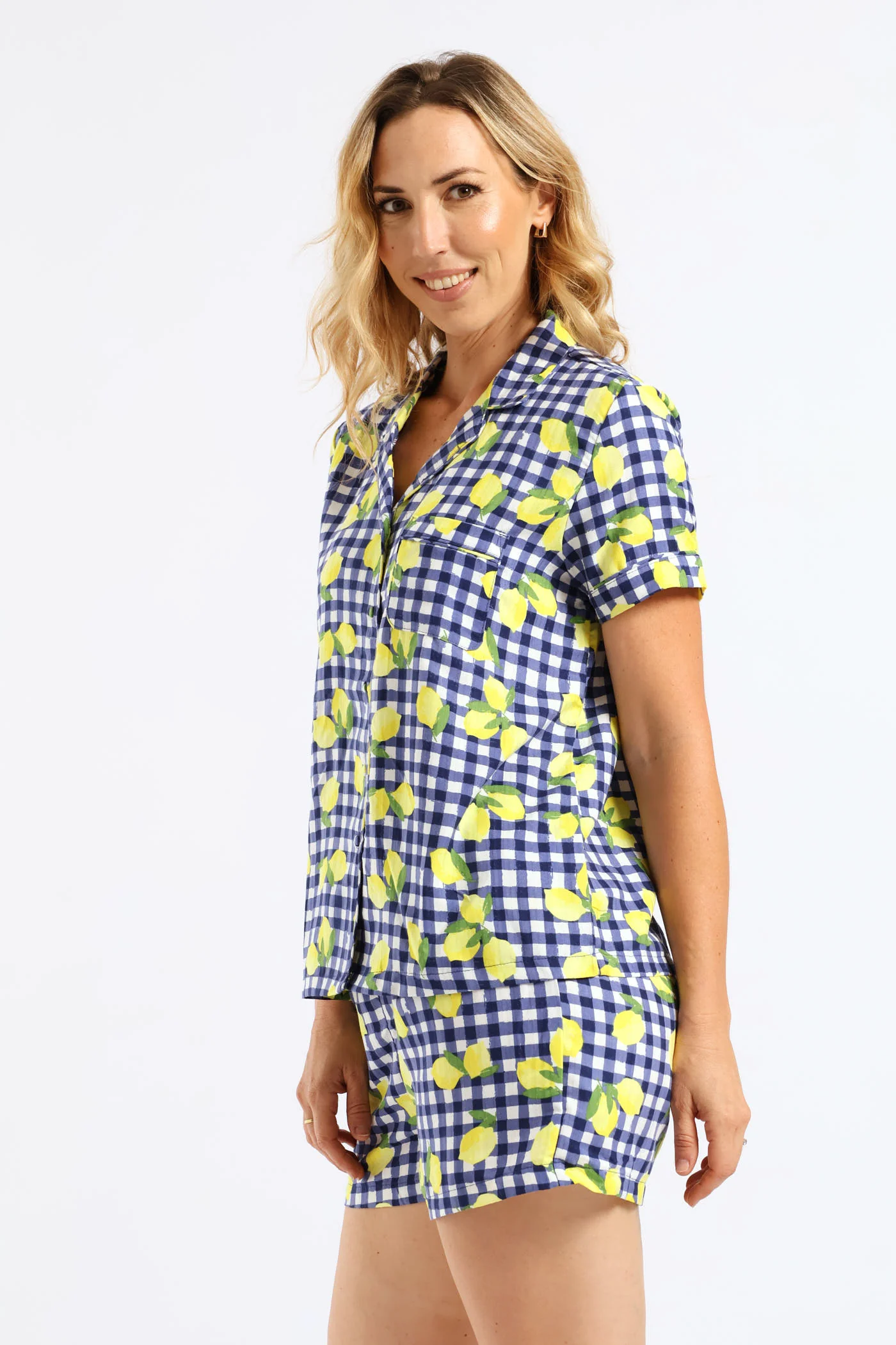 Woven Lemon Gingham Button Through Short Set - White/Navy - Image 3