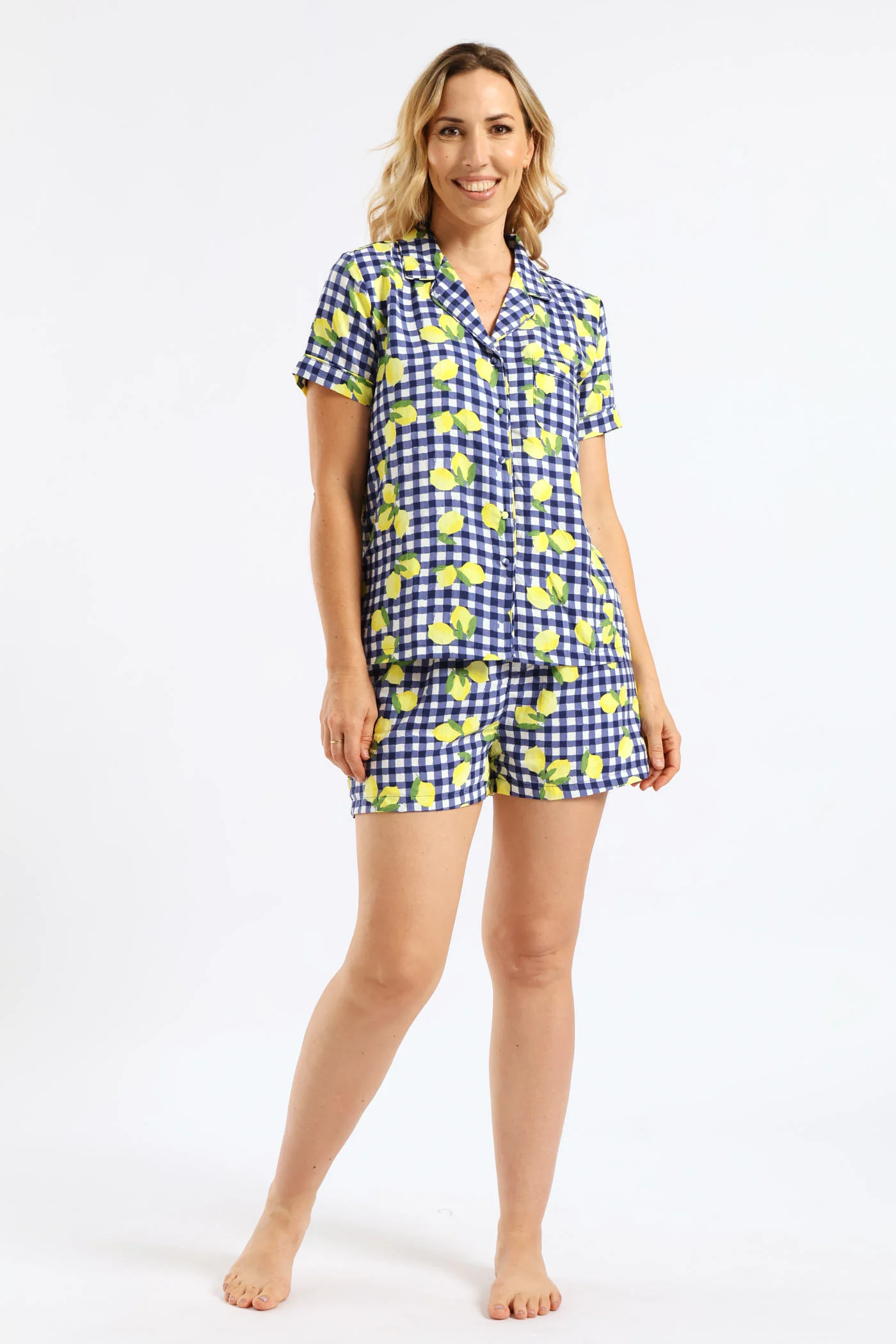 Woven Lemon Gingham Button Through Short Set - White/Navy - Image 5