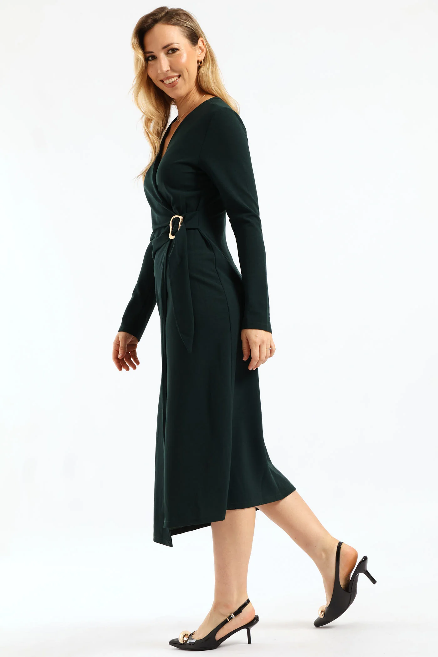 Wrap Buckle Midi Dress - Bottle Green - Image 3