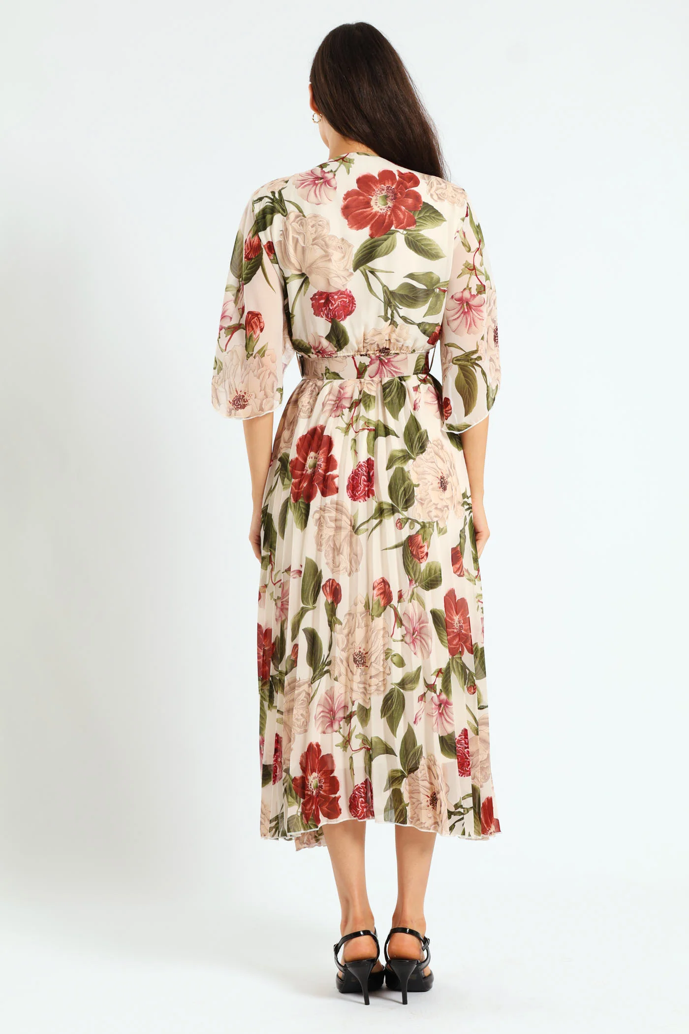 Wrap Flutter Sleeve Pleated Maxi Dress - Cream - Image 3