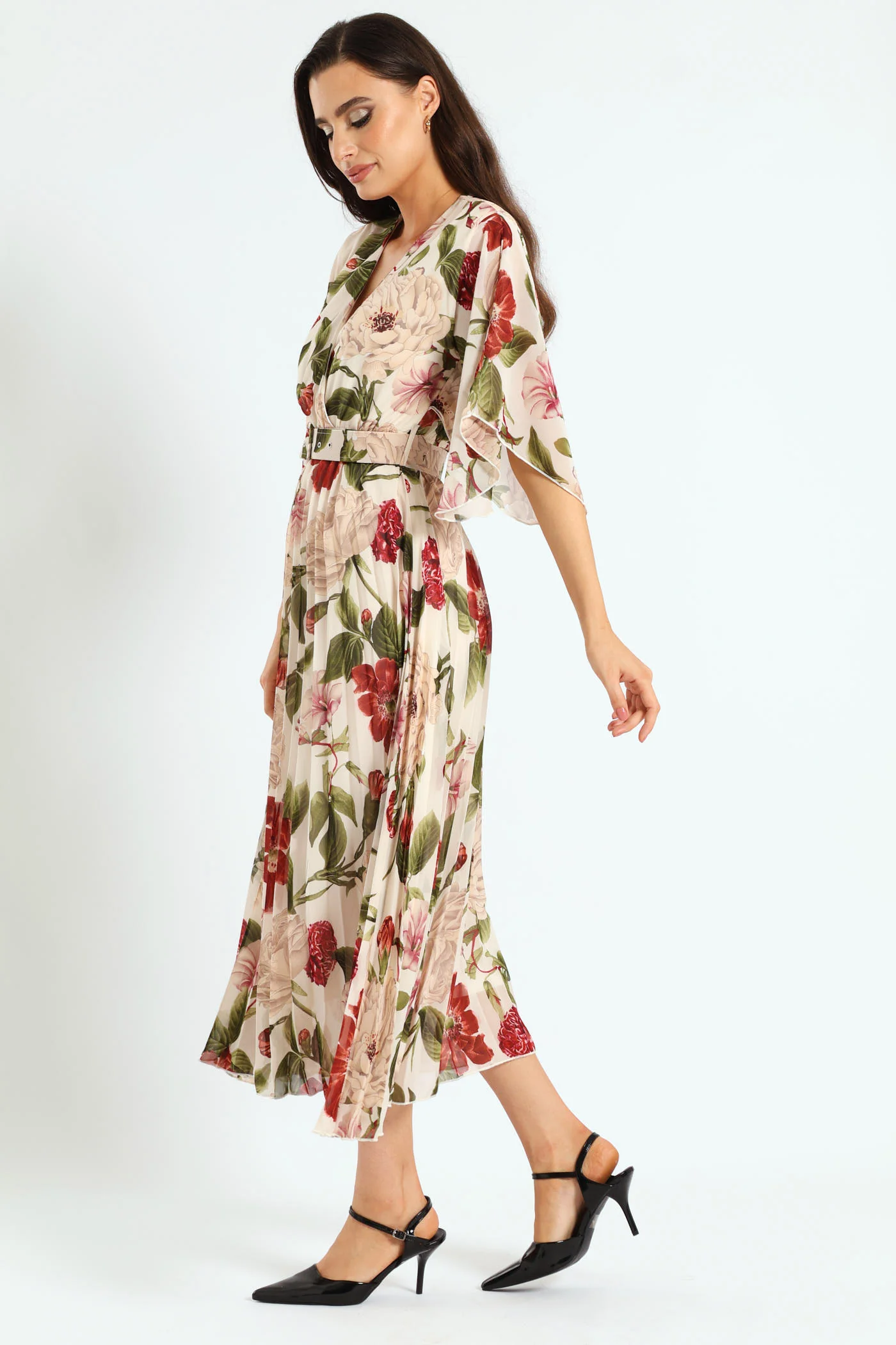 Wrap Flutter Sleeve Pleated Maxi Dress - Cream - Image 4