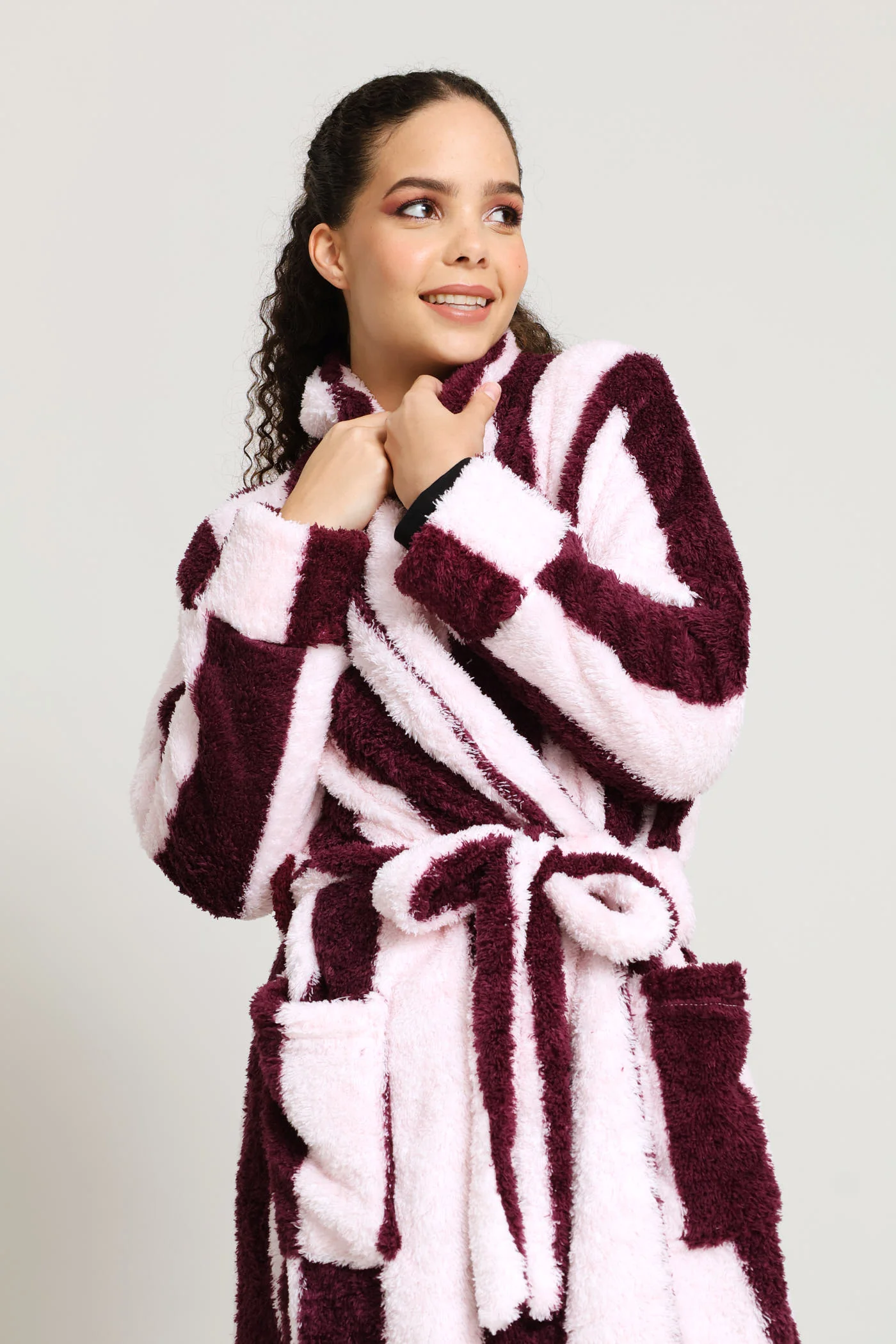 Shaggy Sherpa Stripe Wrap Gown - Burgundy/Pink - Image 3