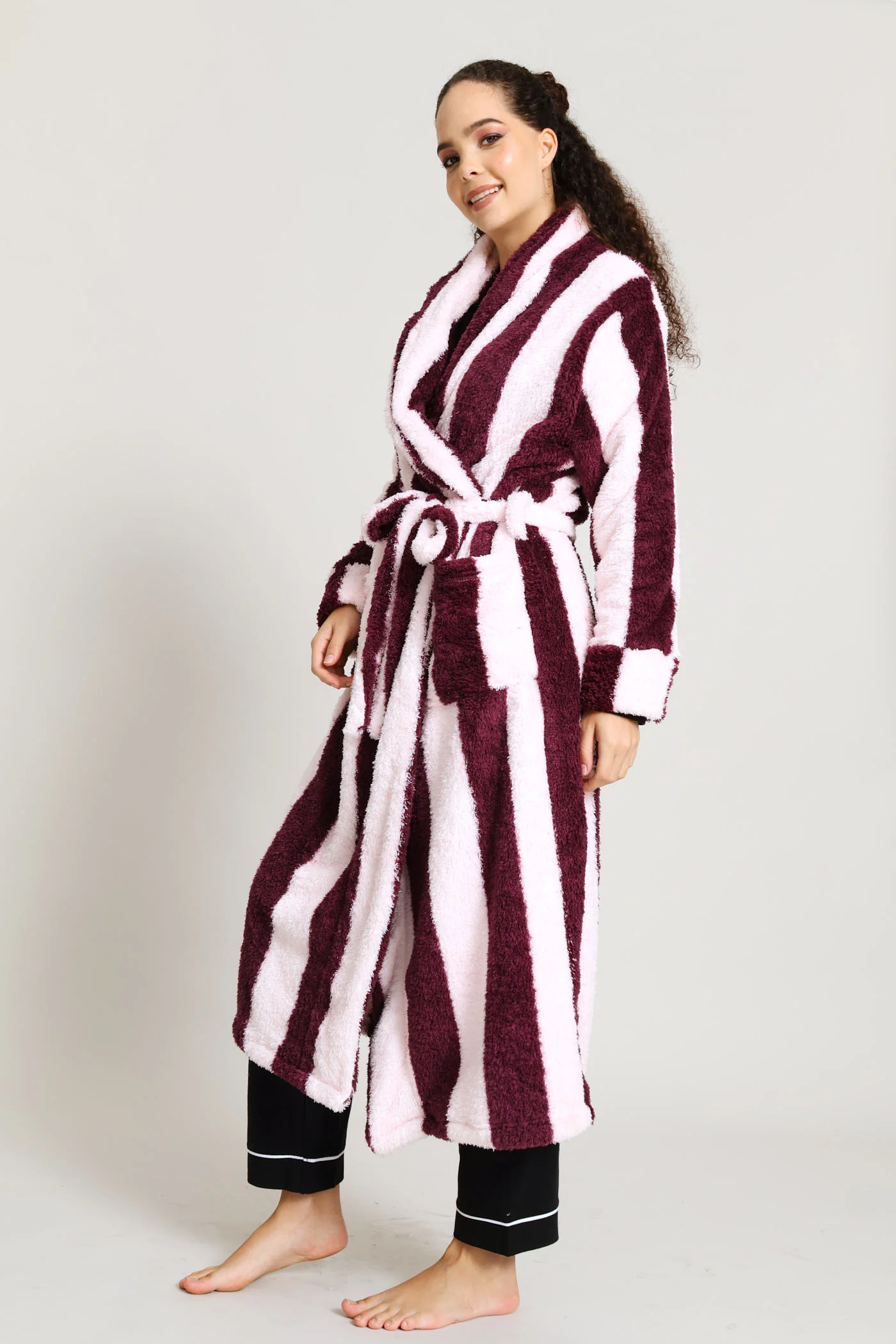 Shaggy Sherpa Stripe Wrap Gown - Burgundy/Pink - Image 5