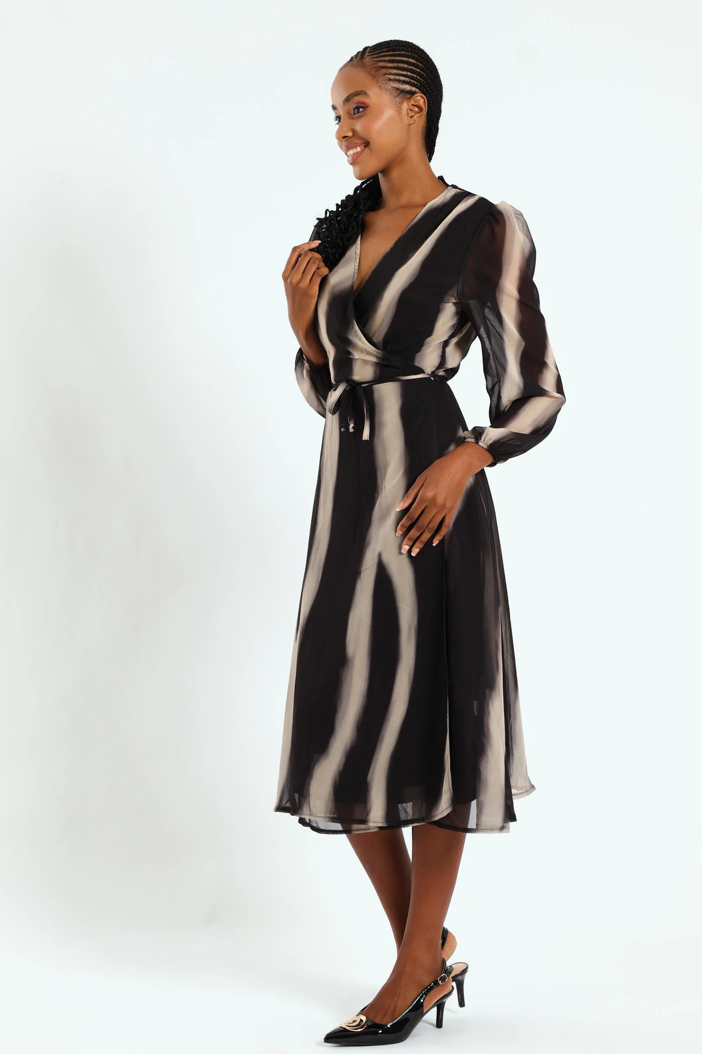 Wrap Midi Dress - Black/Cream - Image 4