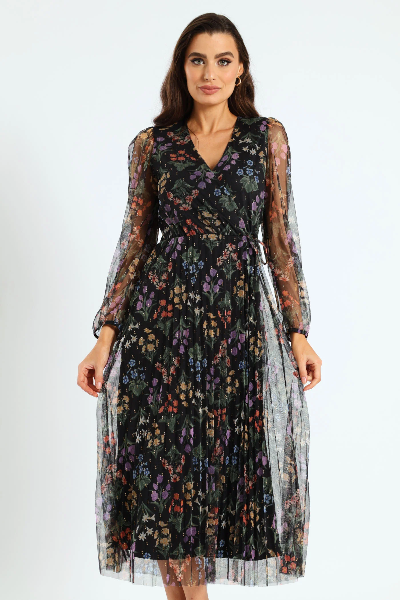 Wrap Pleated Mesh Maxi Dress - Black - Image 2