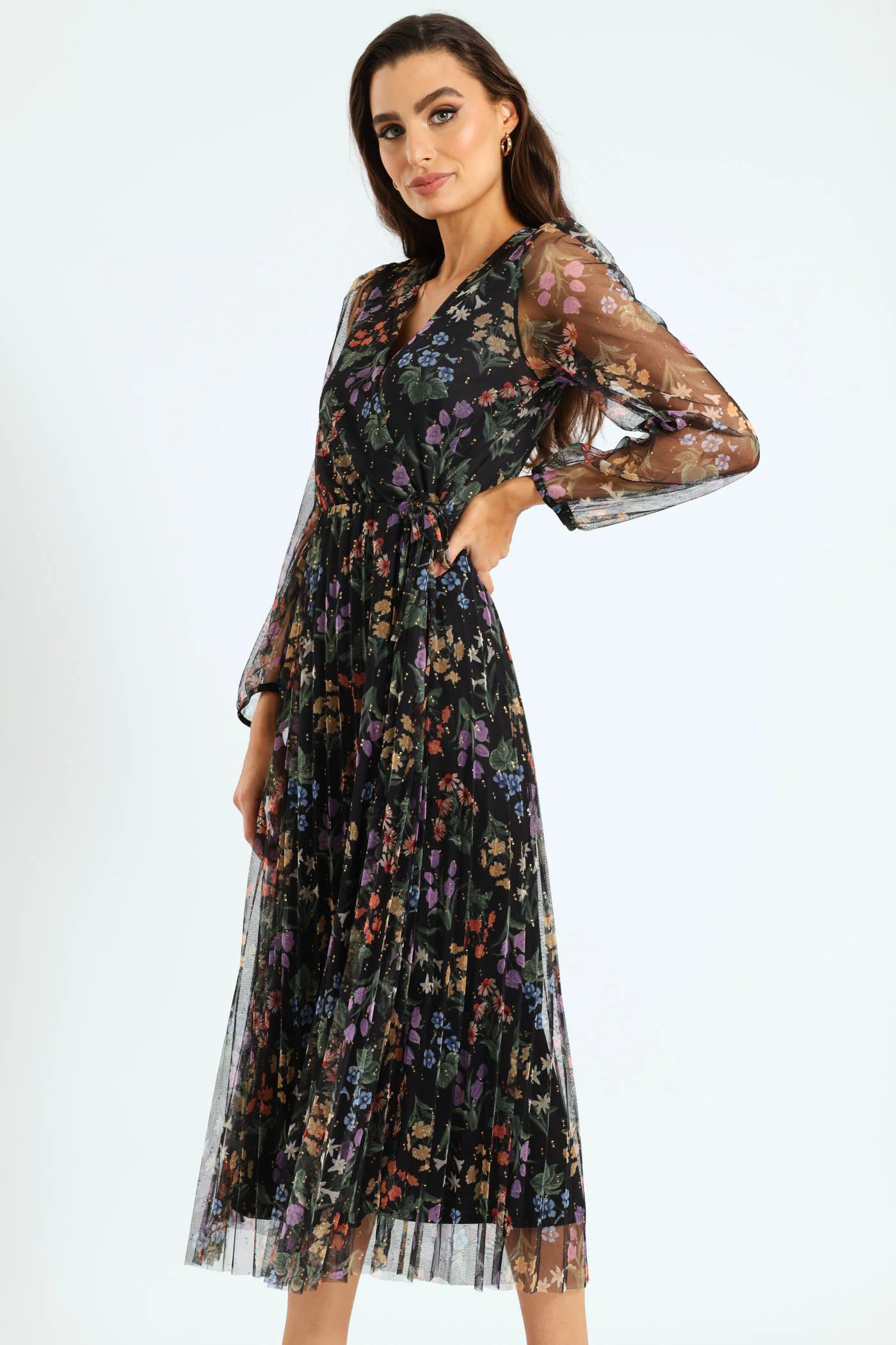 Wrap Pleated Mesh Maxi Dress - Black - Image 3