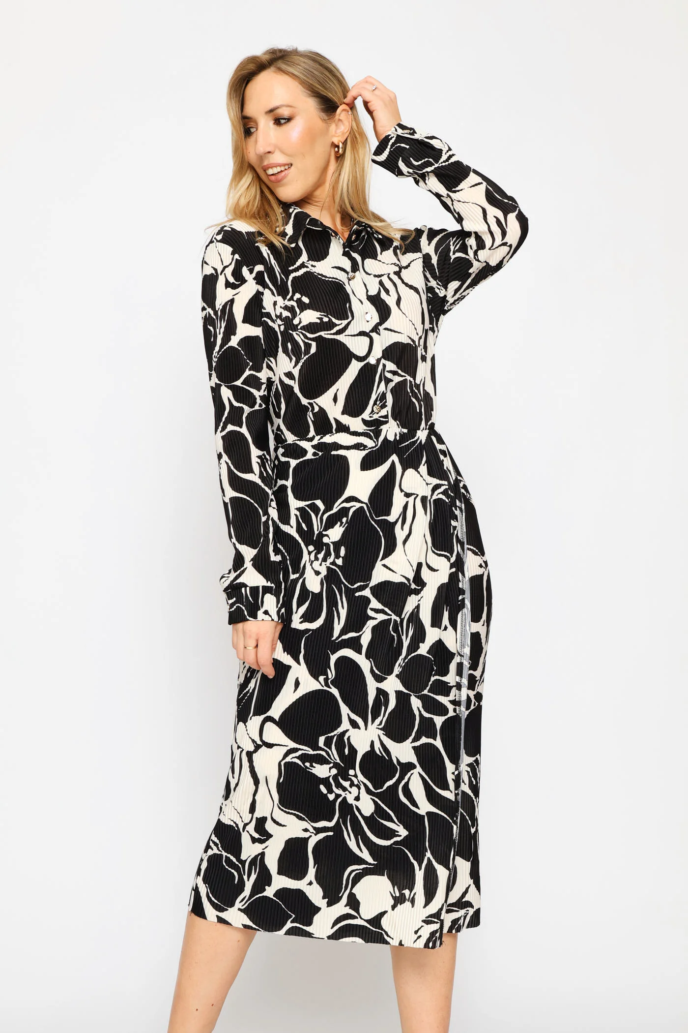 Wrap Plisse Shirt Midi Dress - Black/Cream - Image 2