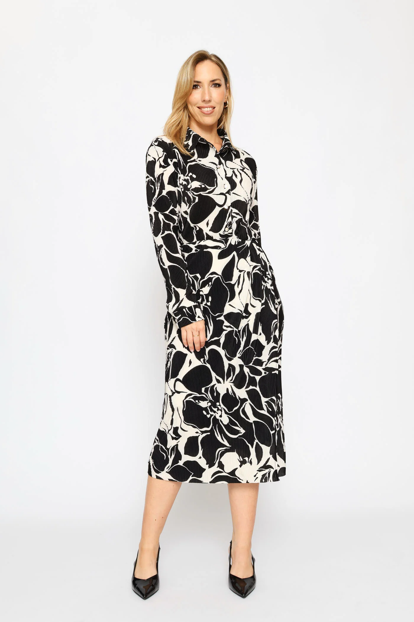 Wrap Plisse Shirt Midi Dress - Black/Cream - Image 7