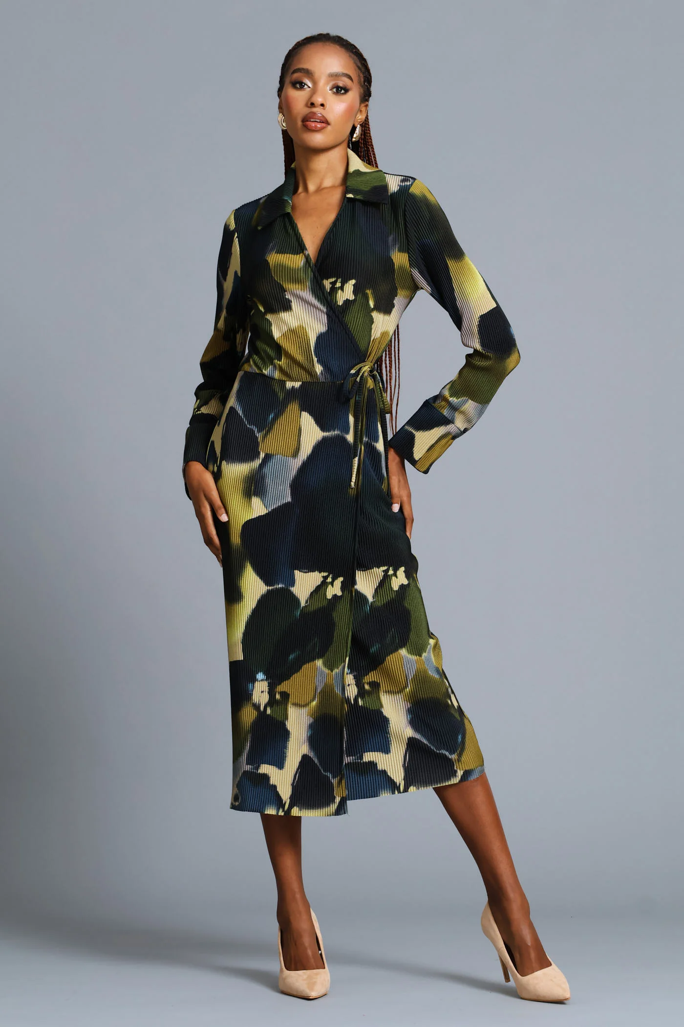 Wrap Side Trim Abstract Plisse Midi Dress - Teal - Image 2