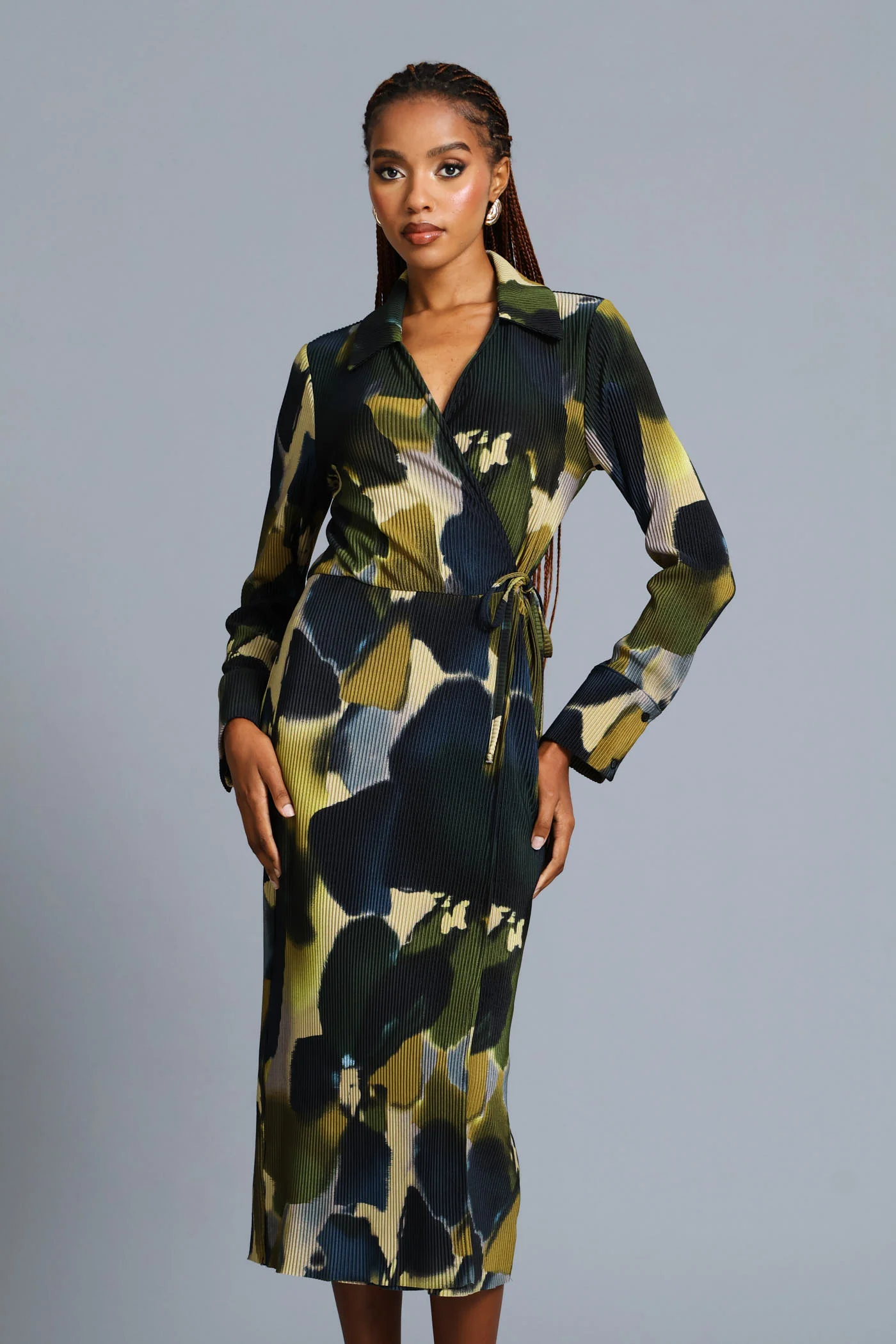 Wrap Side Trim Abstract Plisse Midi Dress - Teal - Image 3