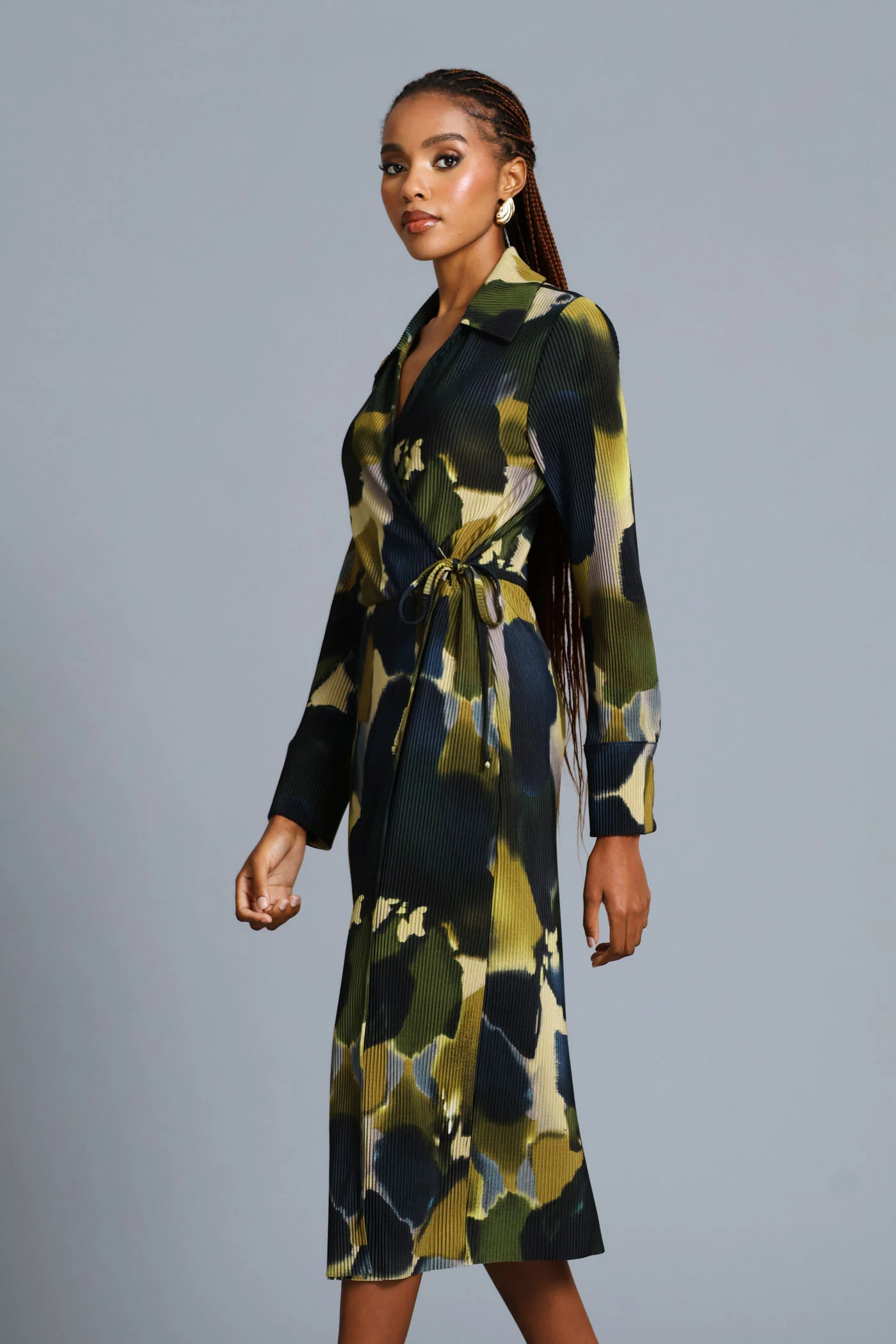 Wrap Side Trim Abstract Plisse Midi Dress - Teal - Image 4