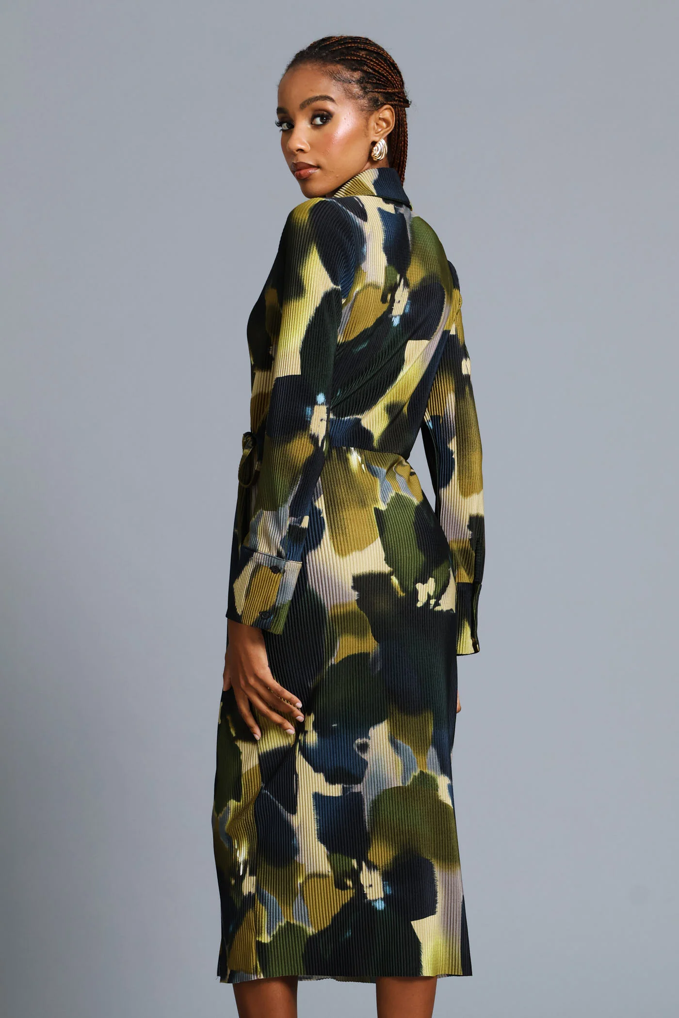 Wrap Side Trim Abstract Plisse Midi Dress - Teal - Image 5